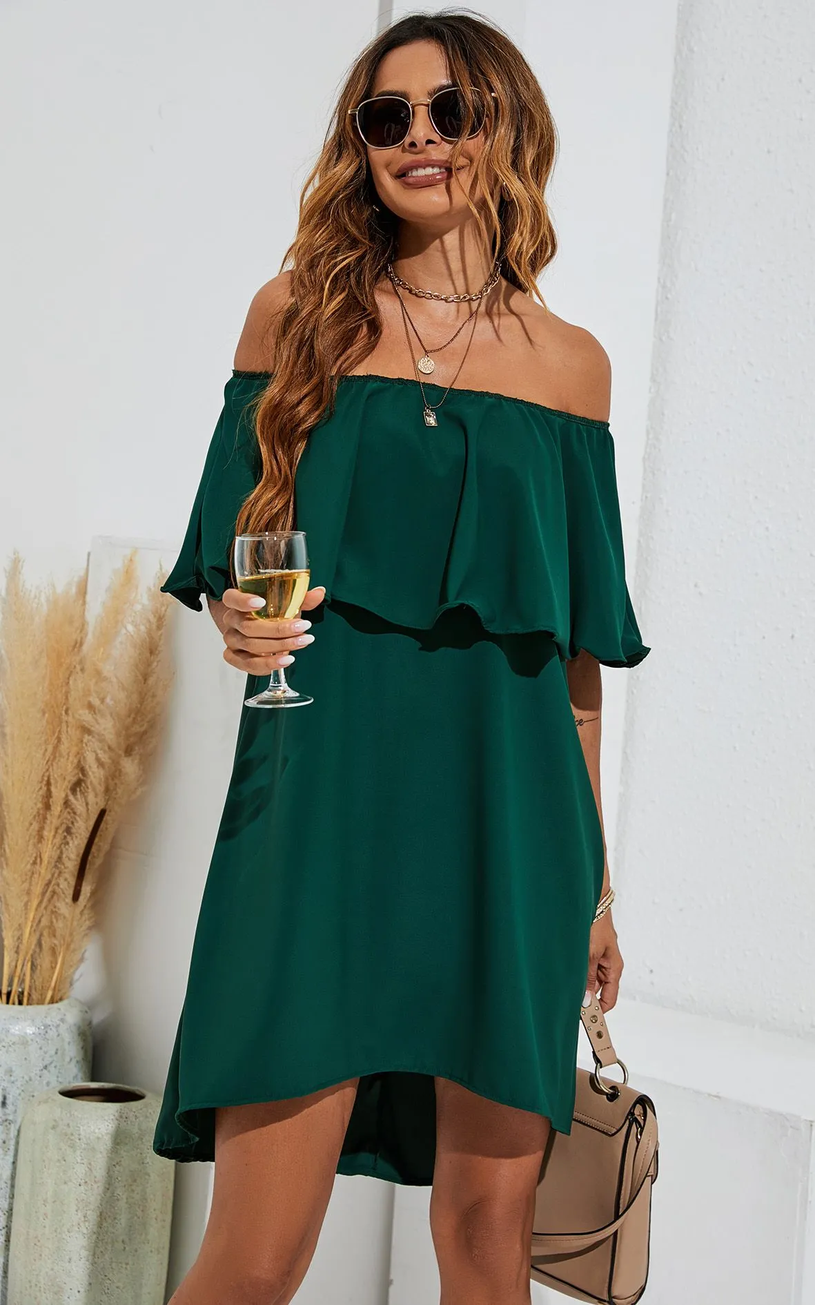 Bardot Frill Off Shoulder Mini Dress In Green