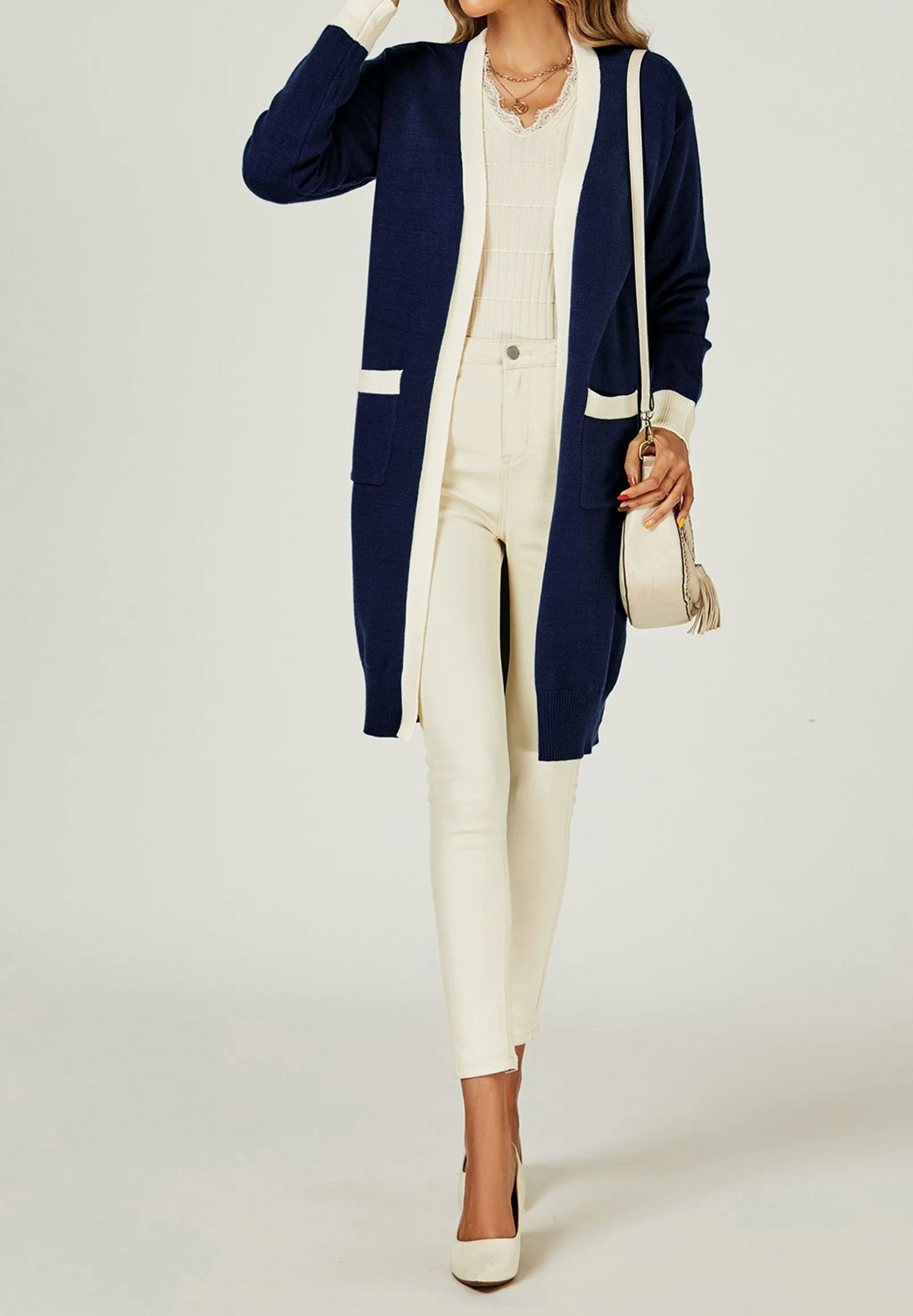 Cream Stripe Cardigan In Navy