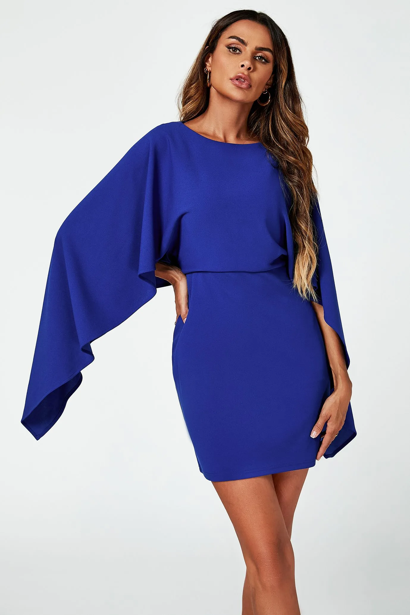 Back Detail Mini Dress With Cape In Blue