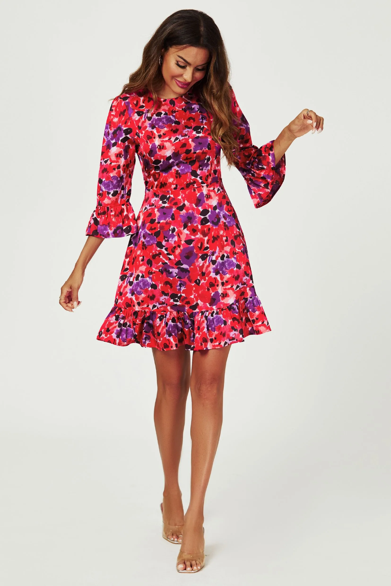 Abstract Floral Print Mini Dress In Red