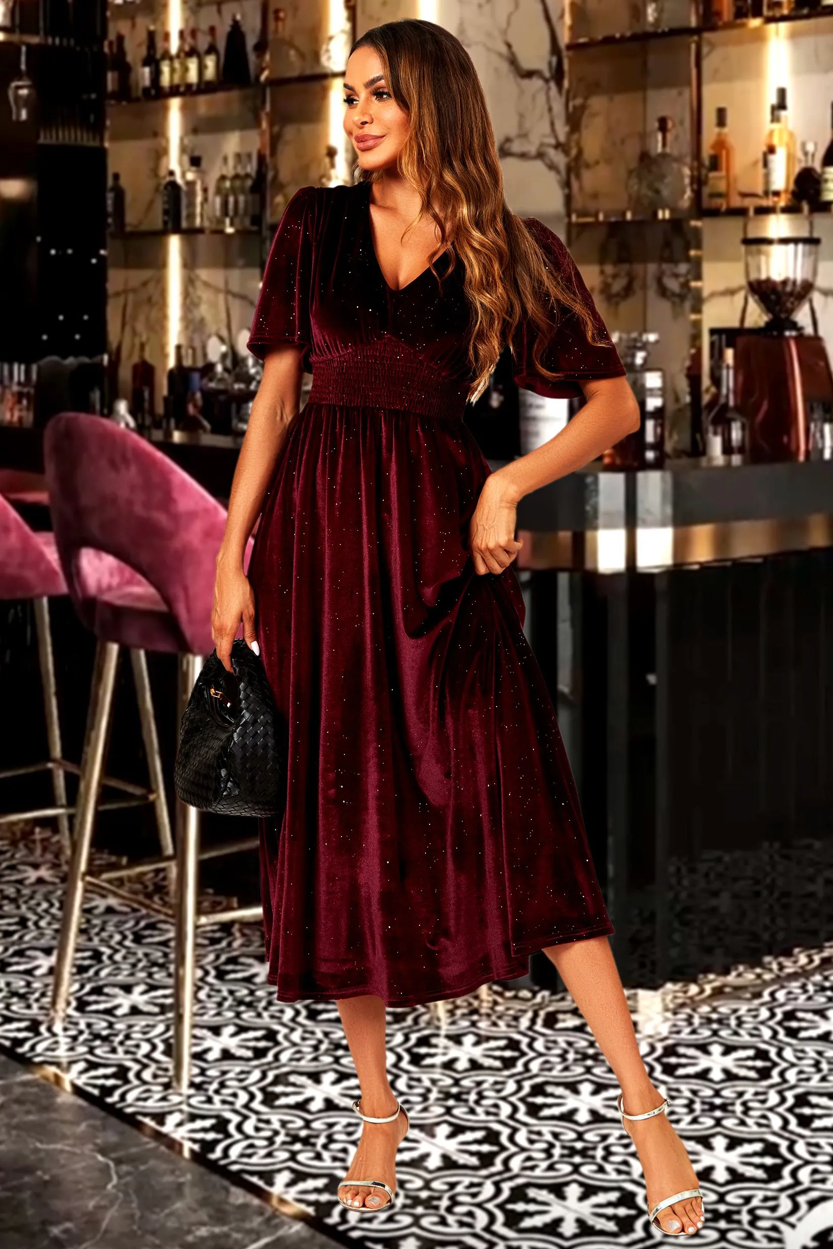 V Neck Velvet Maxi Dress In Wine
