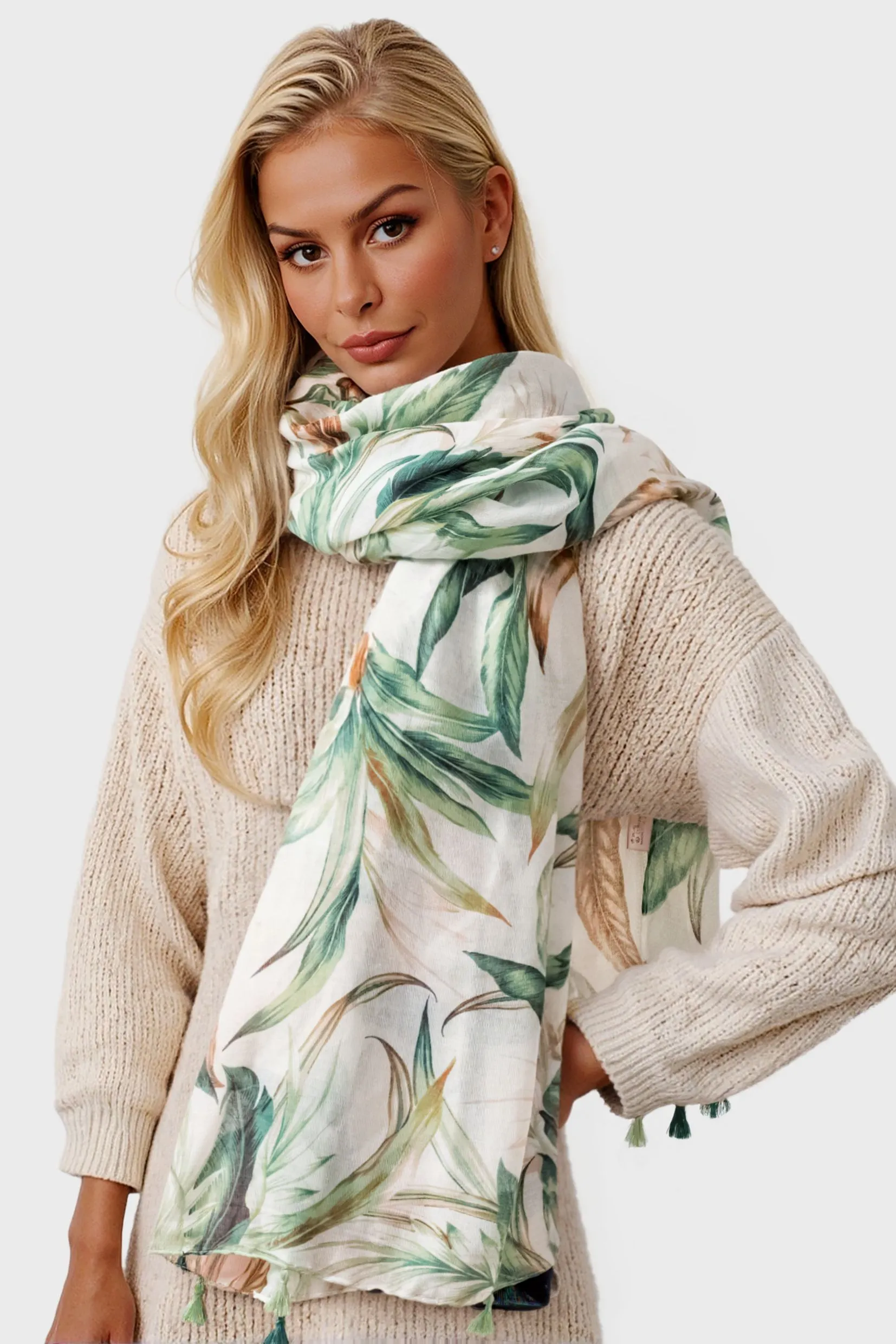 Green Leaf Print Tassel Scarf In White
