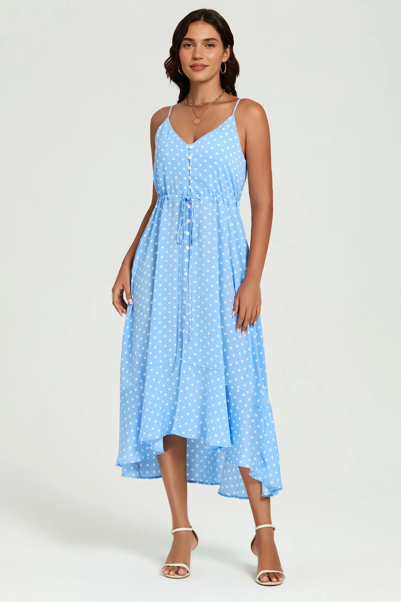 Dot Print Button Down High Low Strappy Dress In Light Blue