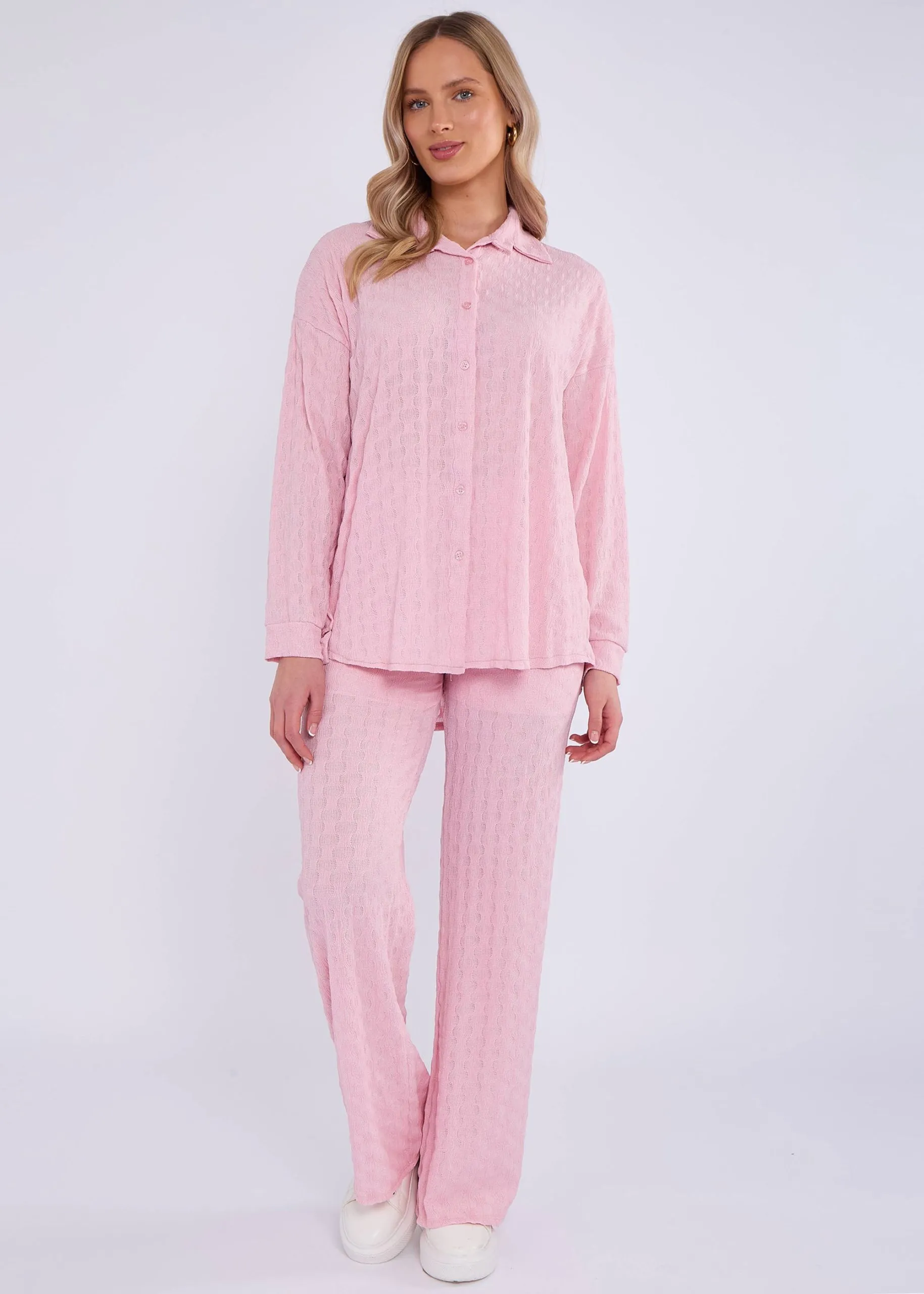 Pink Textured Oversized Long Sleeves Shirt