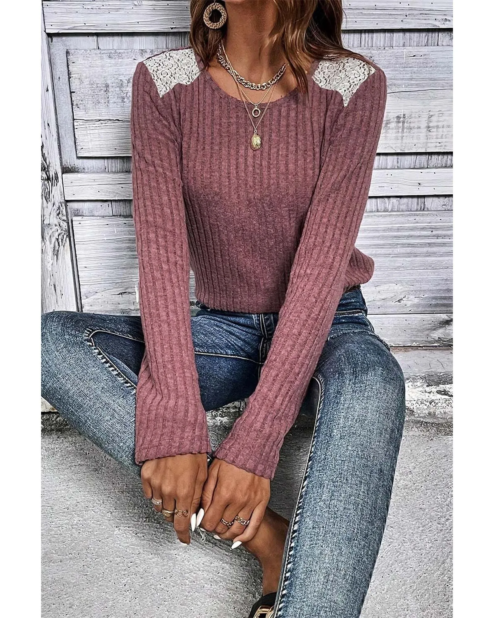 Pink Ribbed Knit Lace Patch Shoulder Casual Sweater