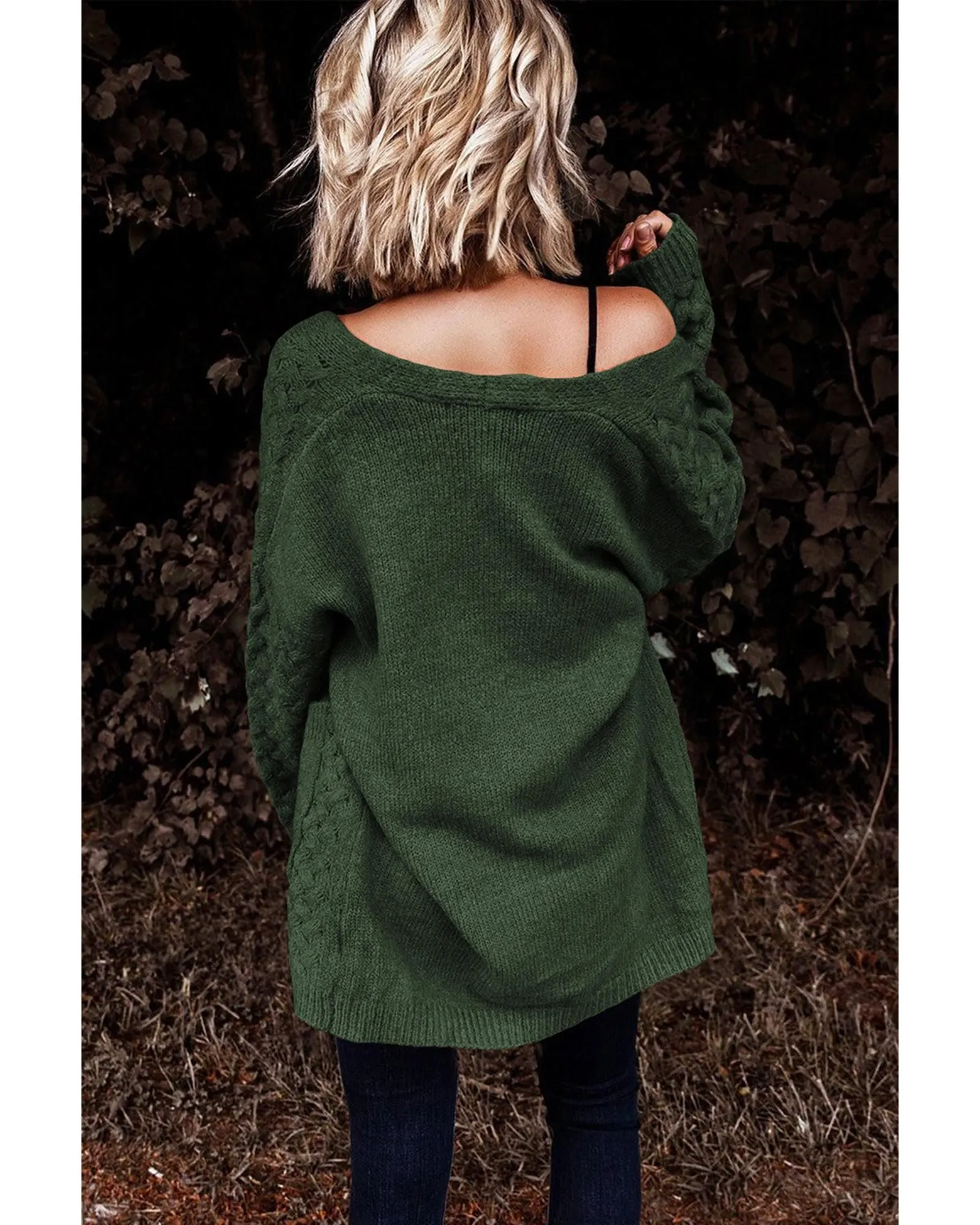 Green Open Front Woven Texture Knitted Cardigan with Pockets