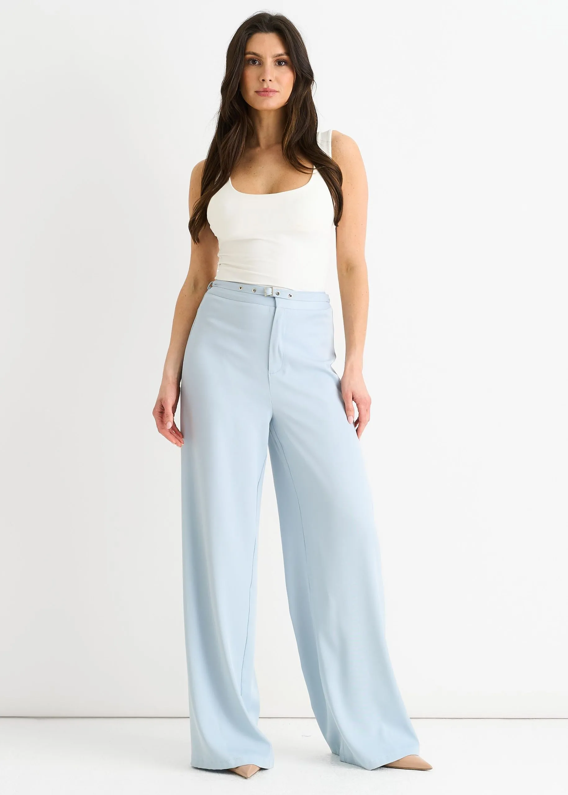 Light Blue Tailored Belt Wide Leg Trousers