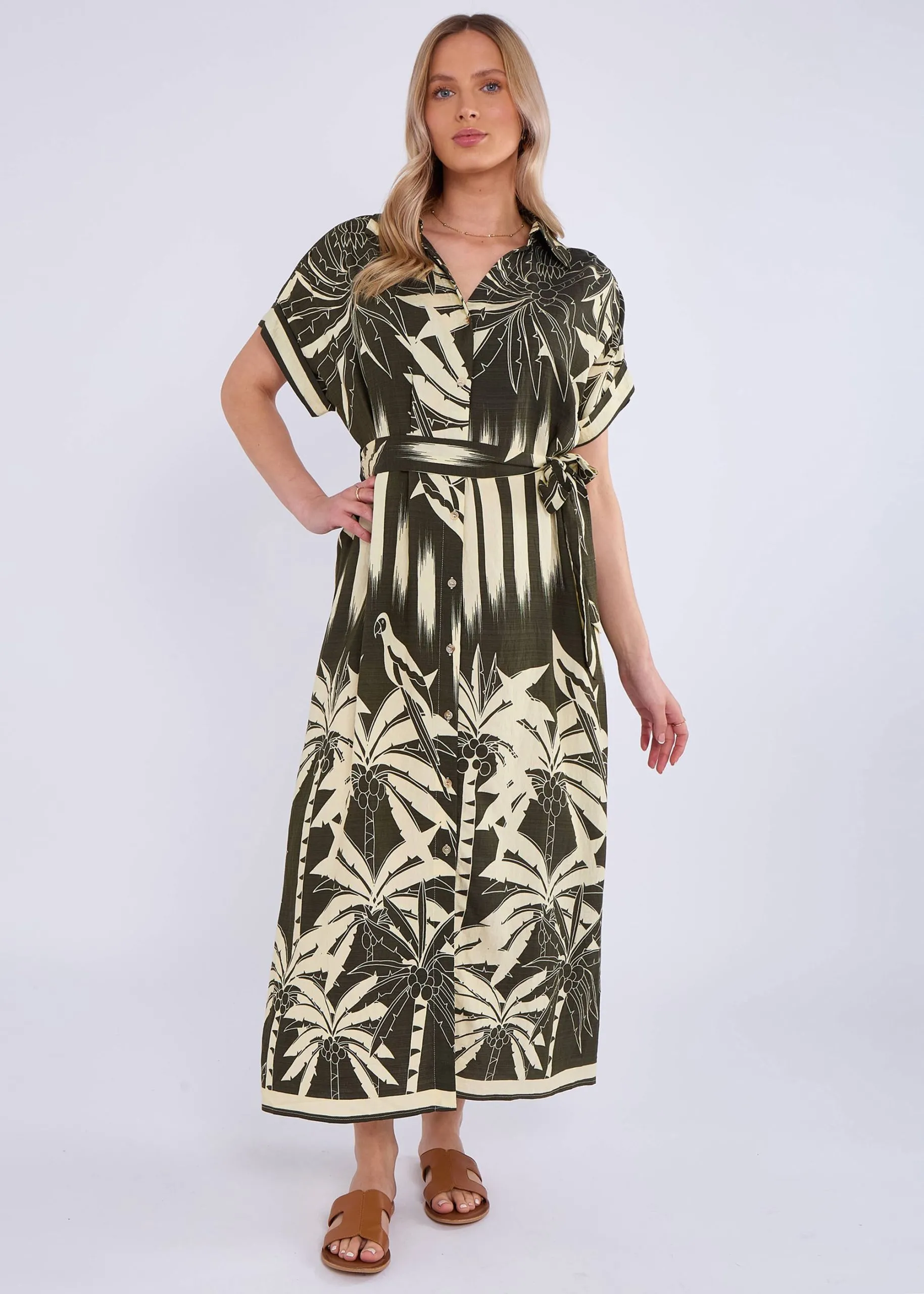 Khaki Tropical Print Midi Shirt Dress