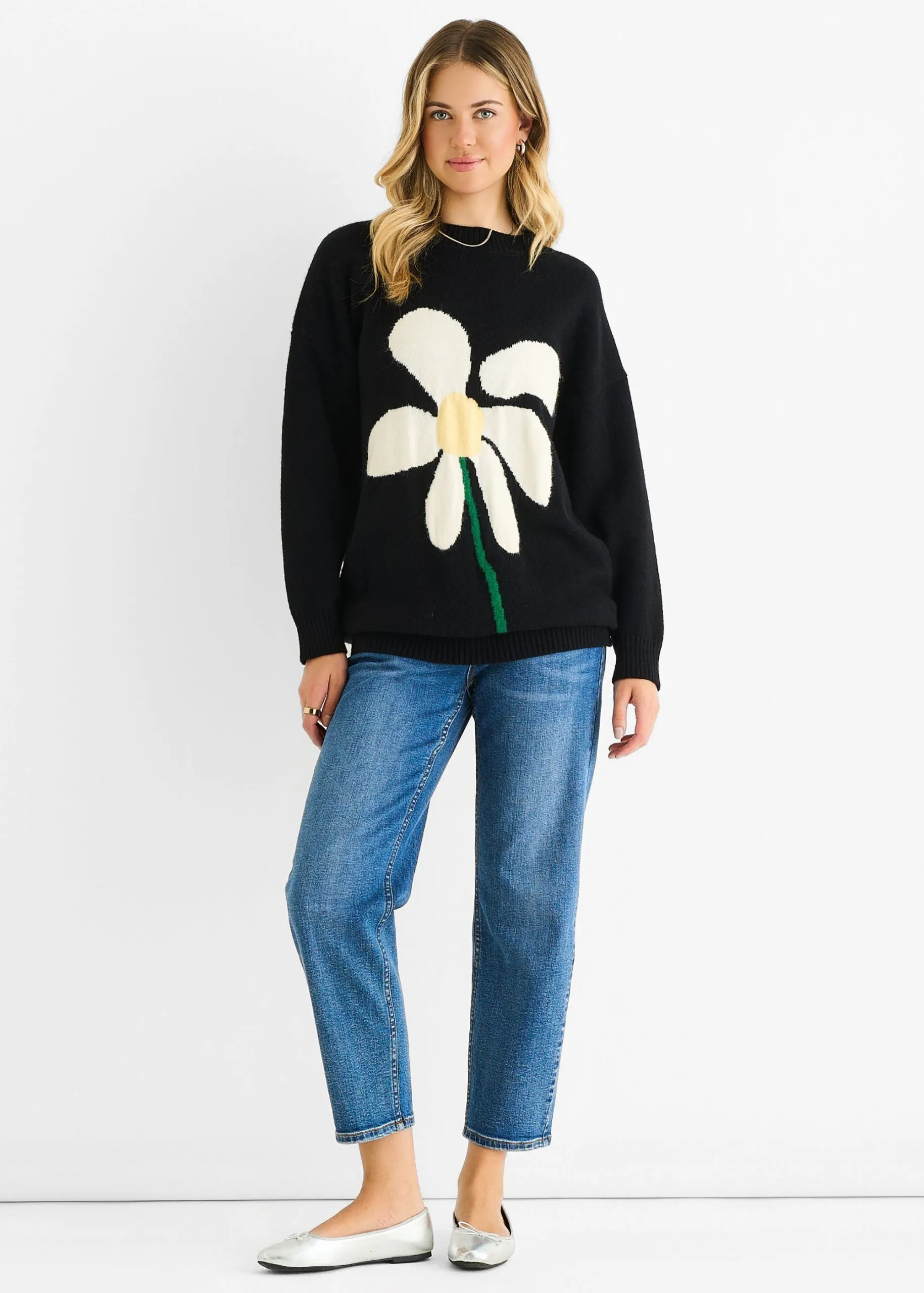 Black Paint Flower Knit Oversized Long Jumper