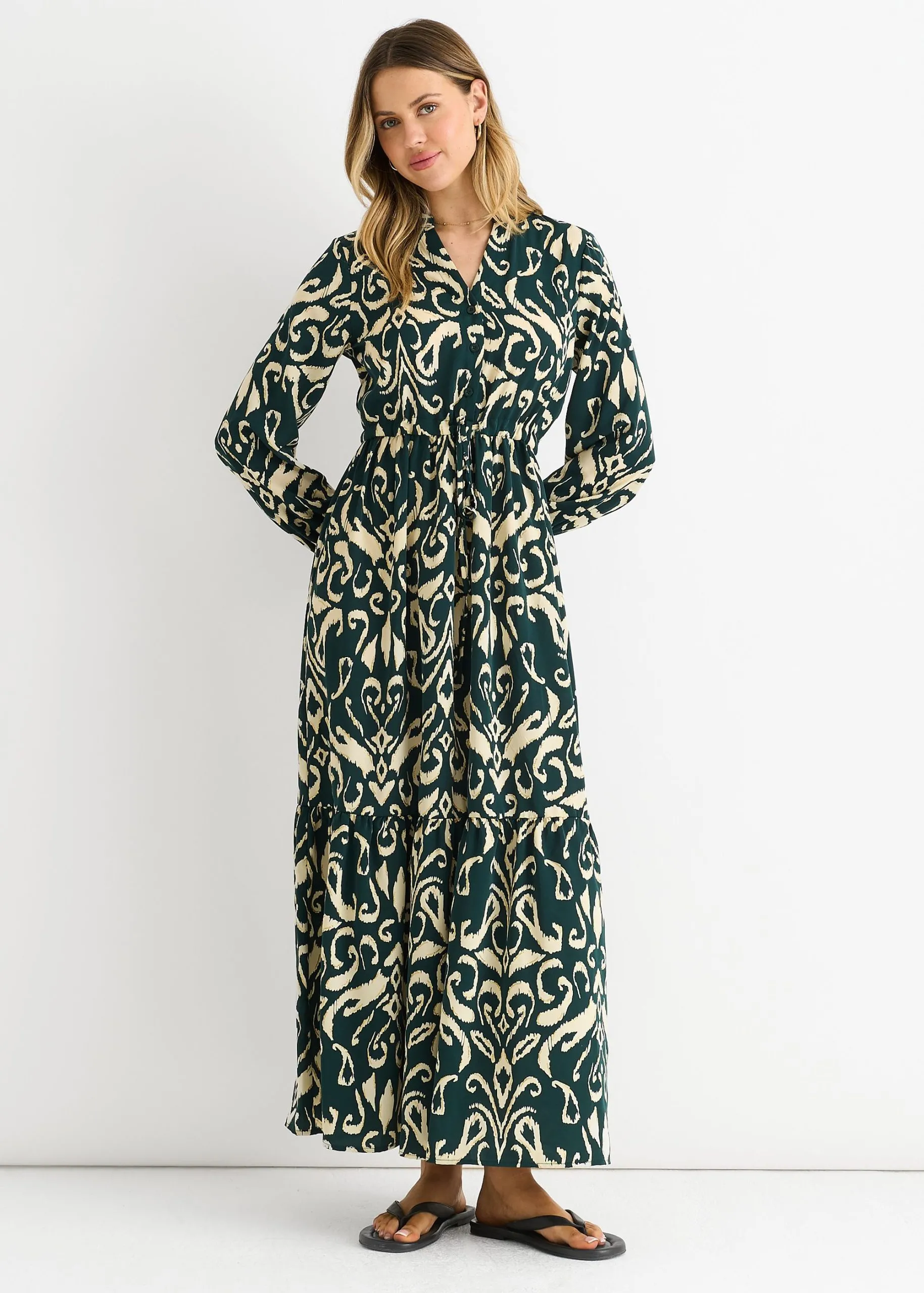 Green Ikat Print Tie Waist Maxi Dress