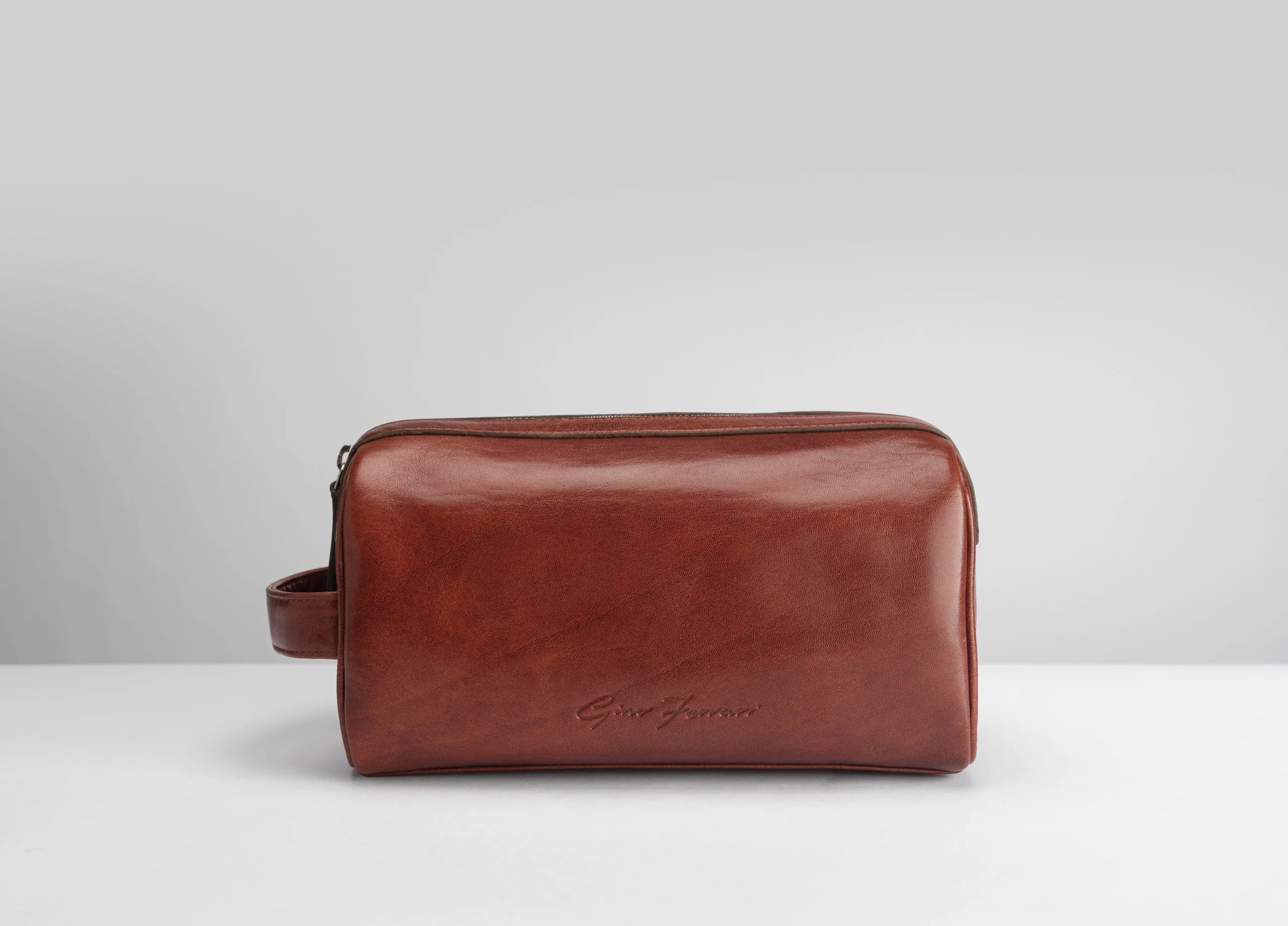 Gino Ferrari Cognac Brown Leather Wash Bag Bathroom Travel Essentials