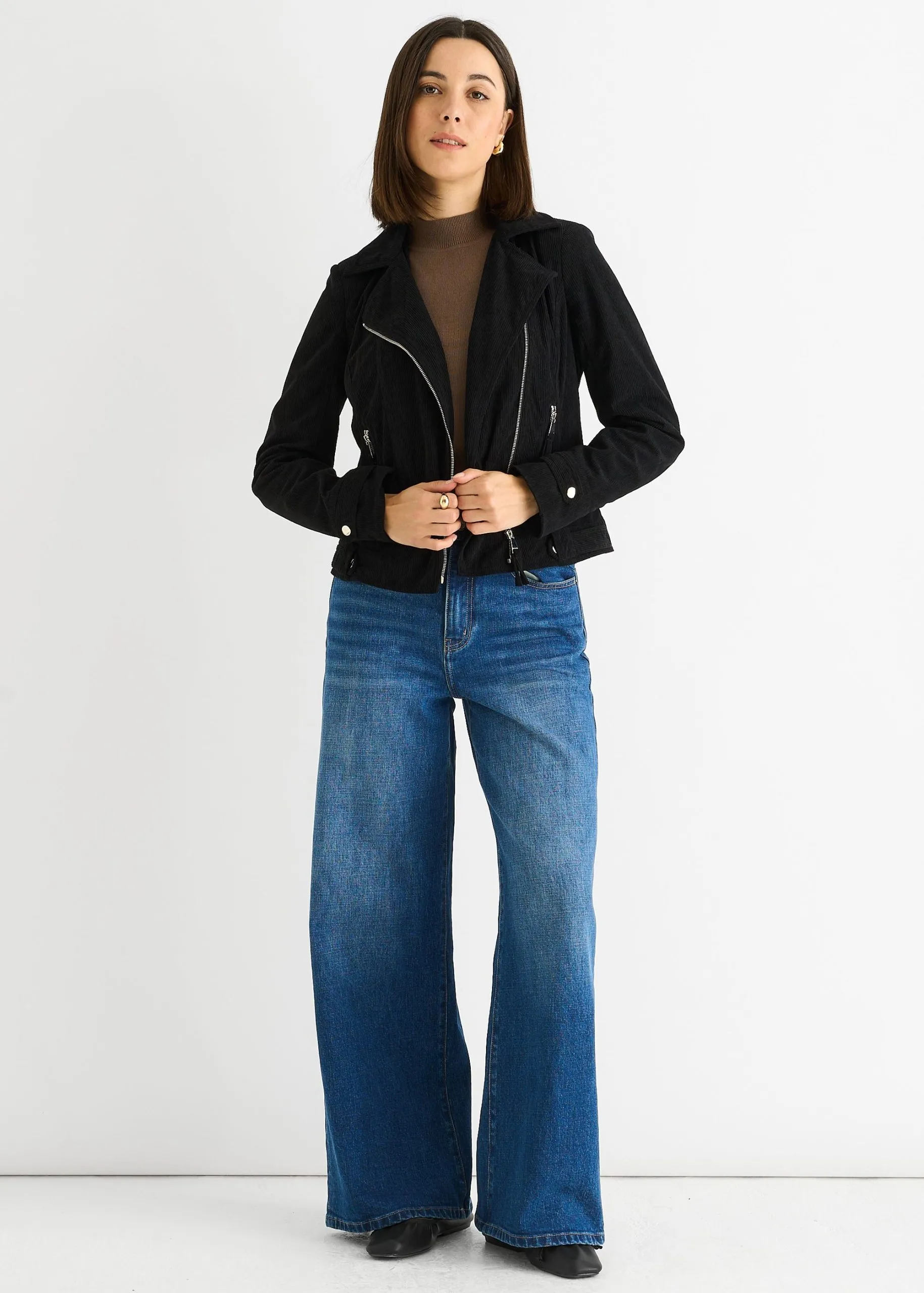 Black Corduroy Biker Zip Up Jacket