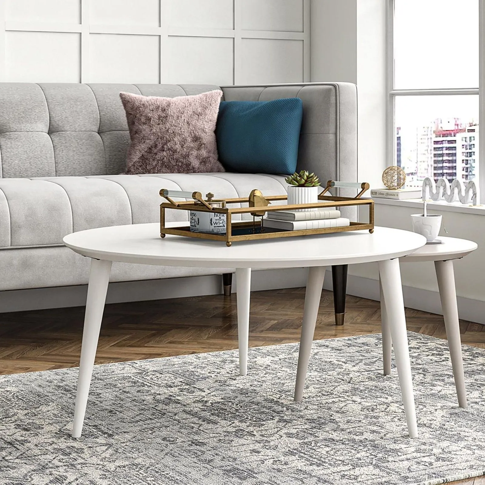 Wooden Carnegie Nesting Coffee End Tables Nest Of White Taupe Set