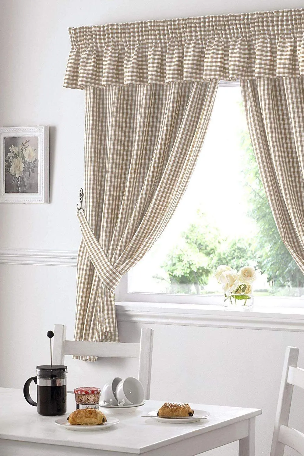 Gingham Beige Checkered Taped Curtains With Tie Backs