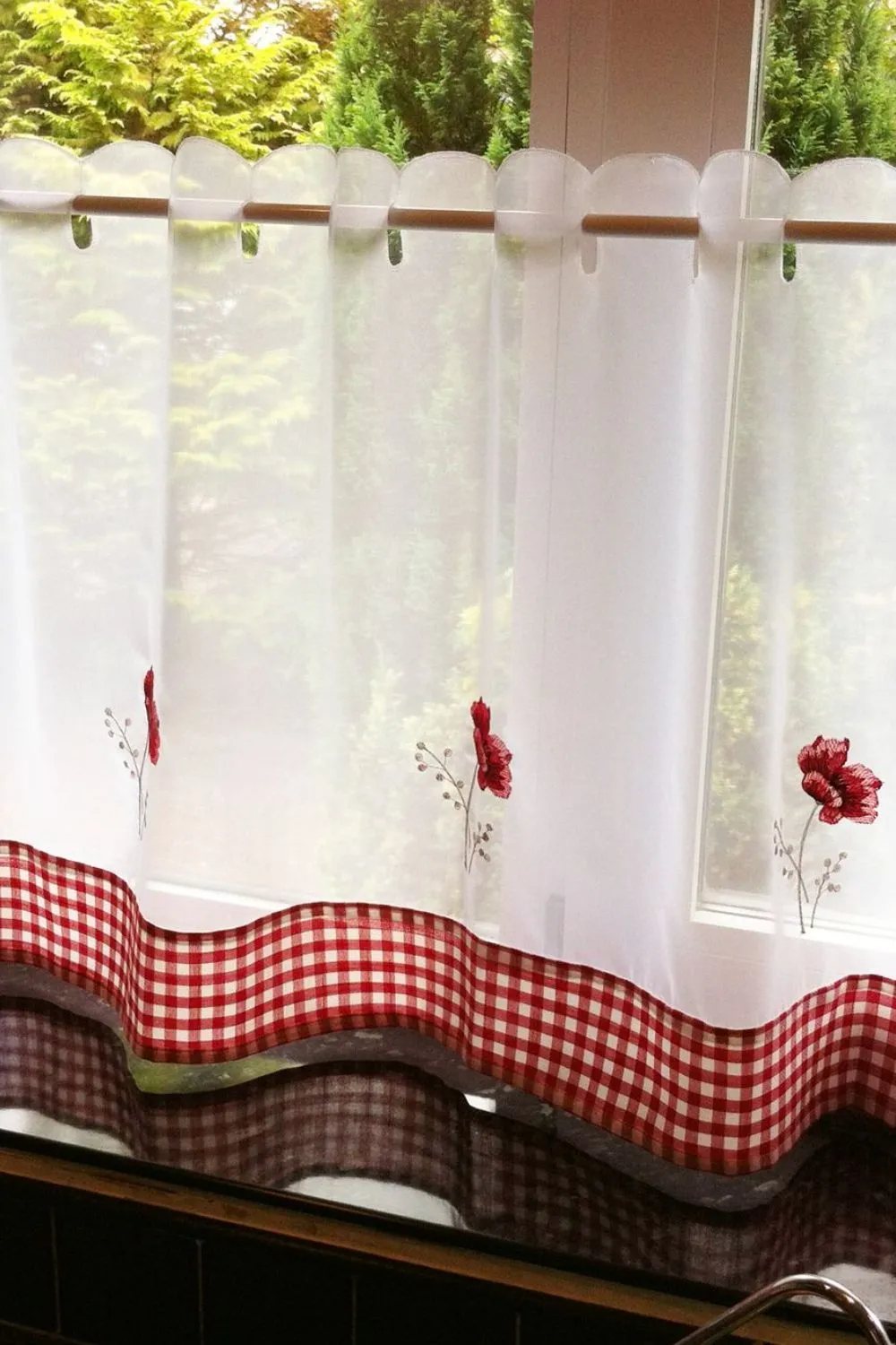 Poppy Floral Checked Kitchen Voile Curtain Café Panels