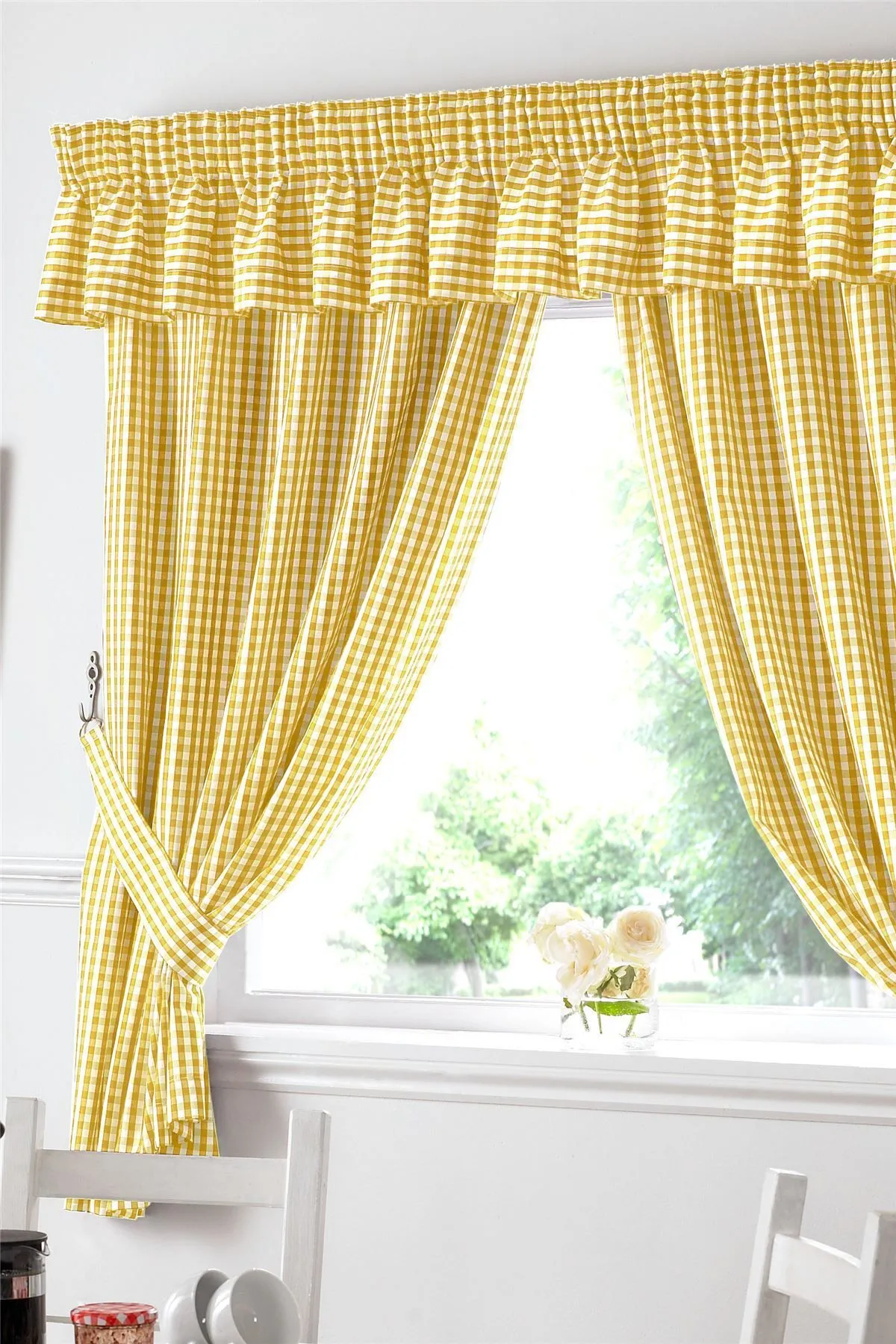 Gingham Yellow Checkered Taped Curtains With Tie Backs