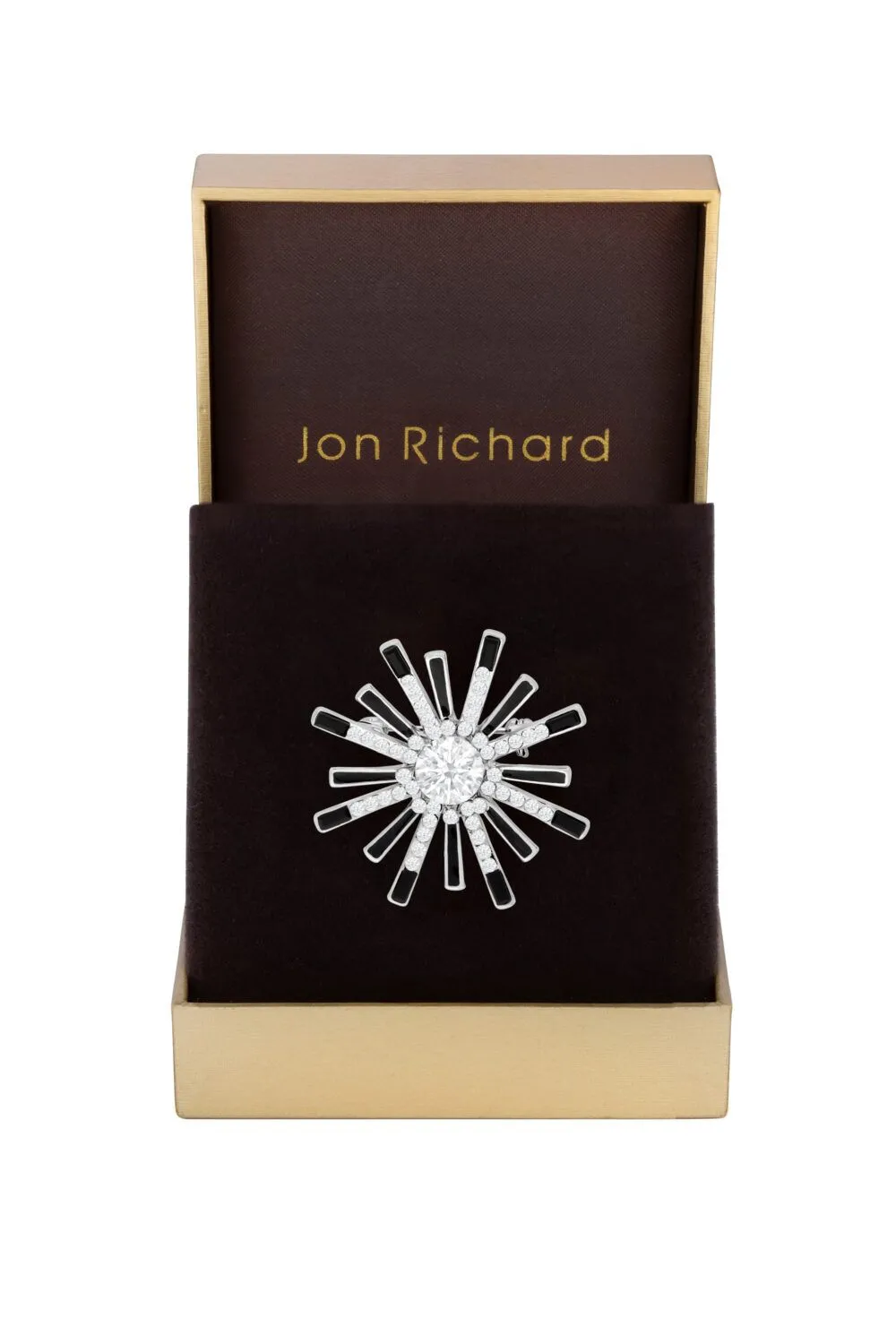 Rhodium Plated Jet Baguette Round Brooch - Gift Boxed