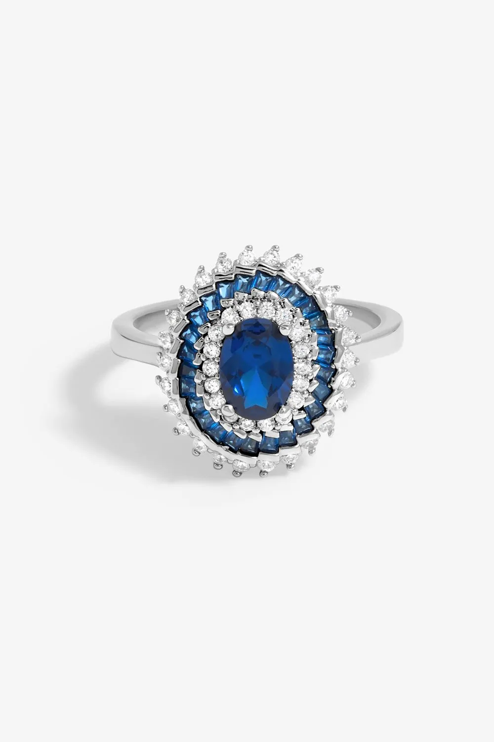 Rhodium Plated Cubic Zirconia Sapphire And Crystal Coktail Ring