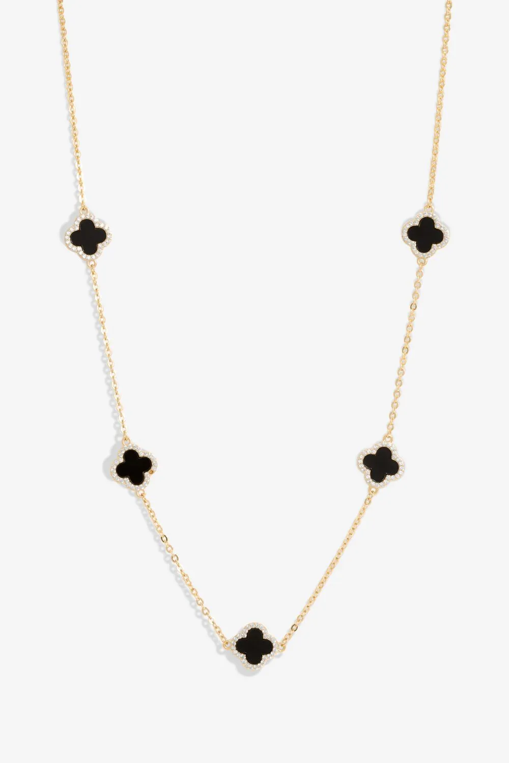 Gold Plated And Jet Station Clover Necklace