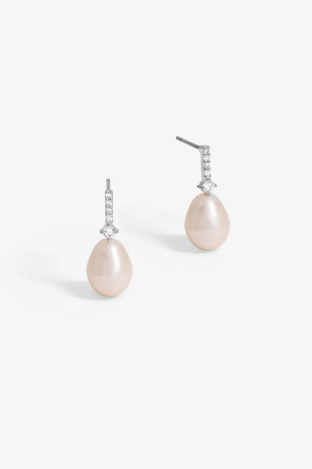 Silver Plated Cubic Zirconia And Pearl Stick Earrings