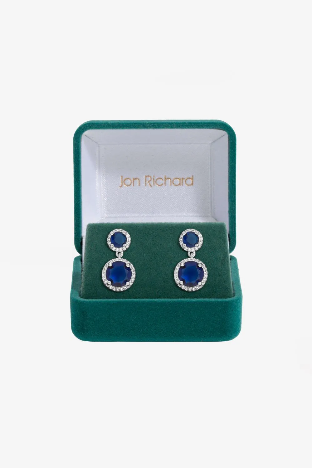 Rhodium Plated And Sapphire Double Halo Earrings