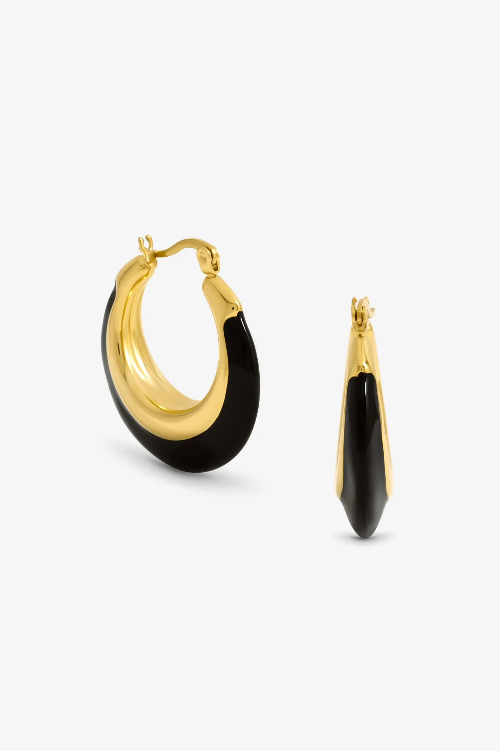 Gold Plated And Jet Enamel Hoop Earrings