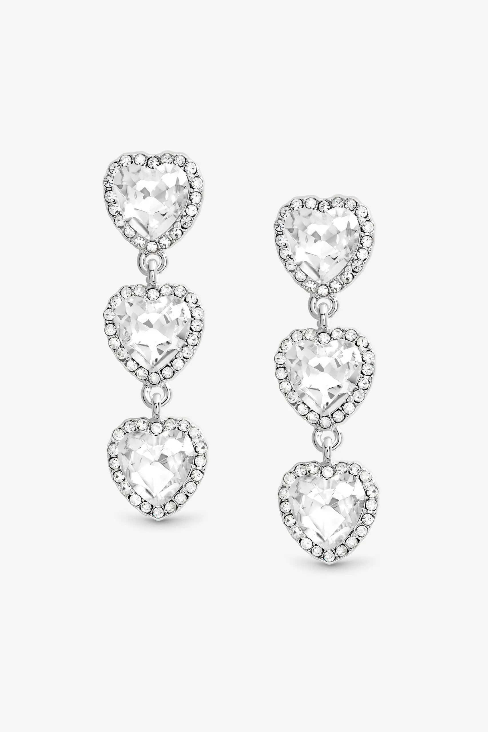 Silver Crystal Heart Triple Drop Statement Earrings