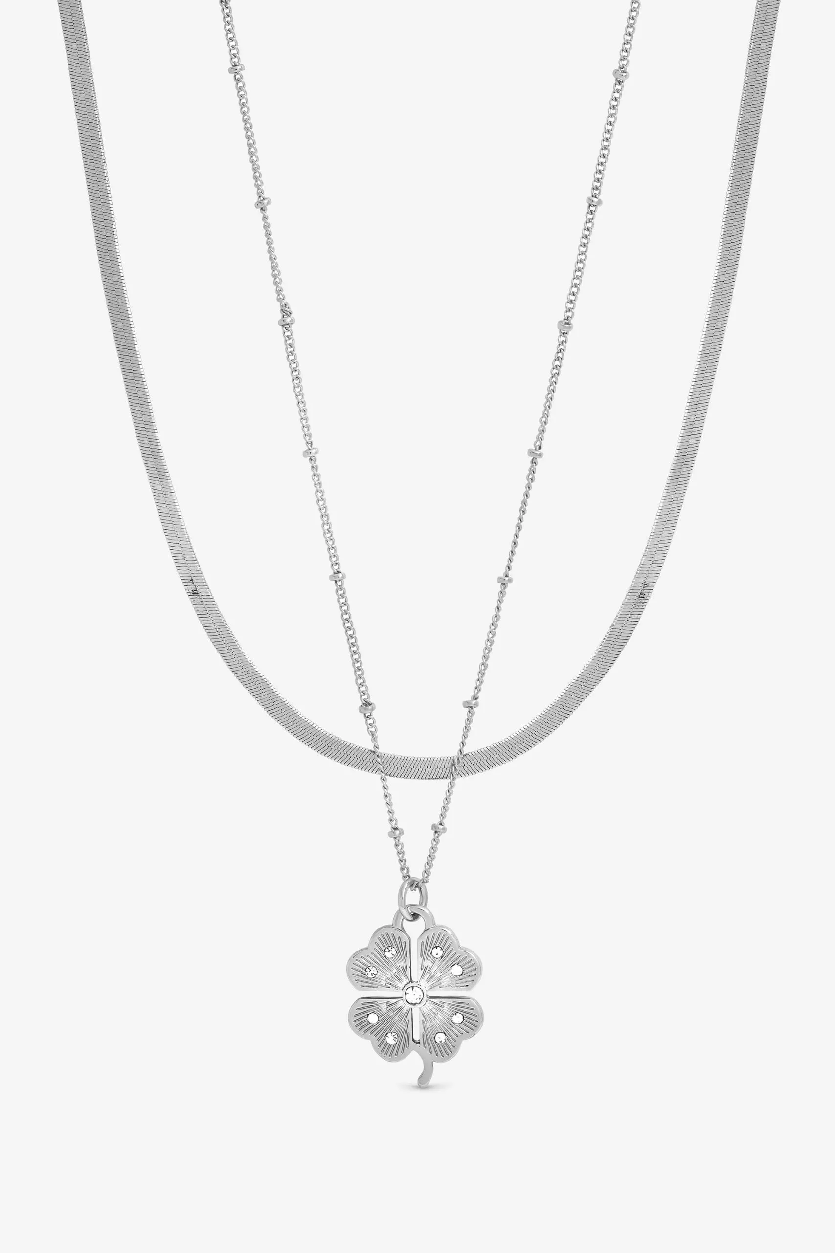 Silver Polished & Crystal Clover Double Row Pendant