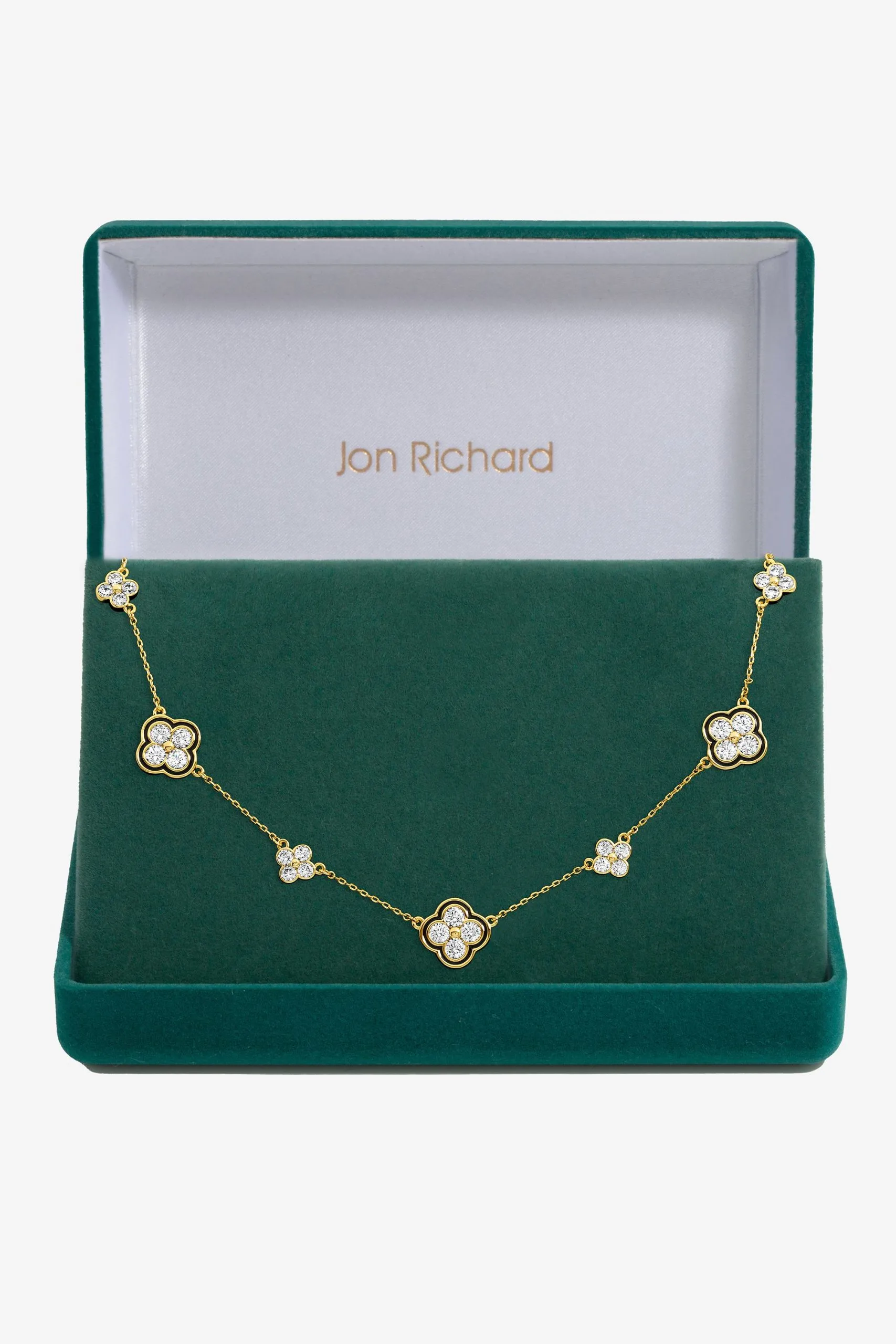 14K Gold Plated Jet and Crystal Clover Necklace - Gift Box
