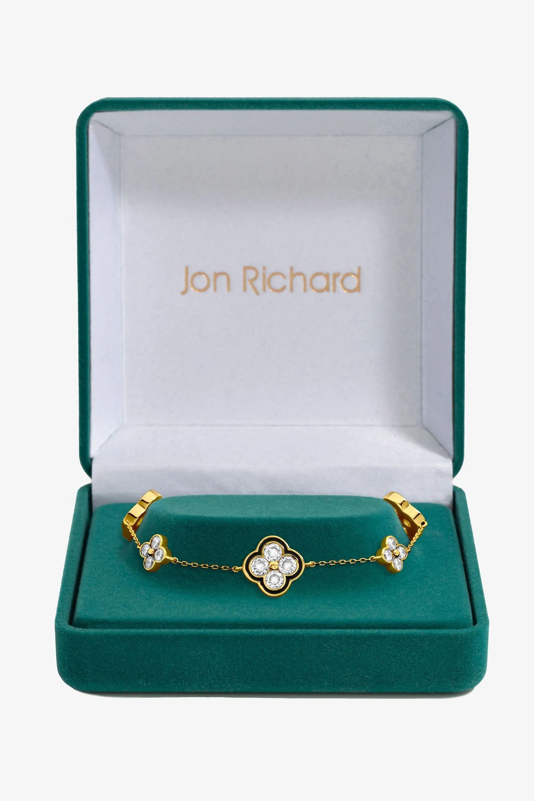 14K Gold Plated Jet and Crystal Clover Bracelet - Gift Box