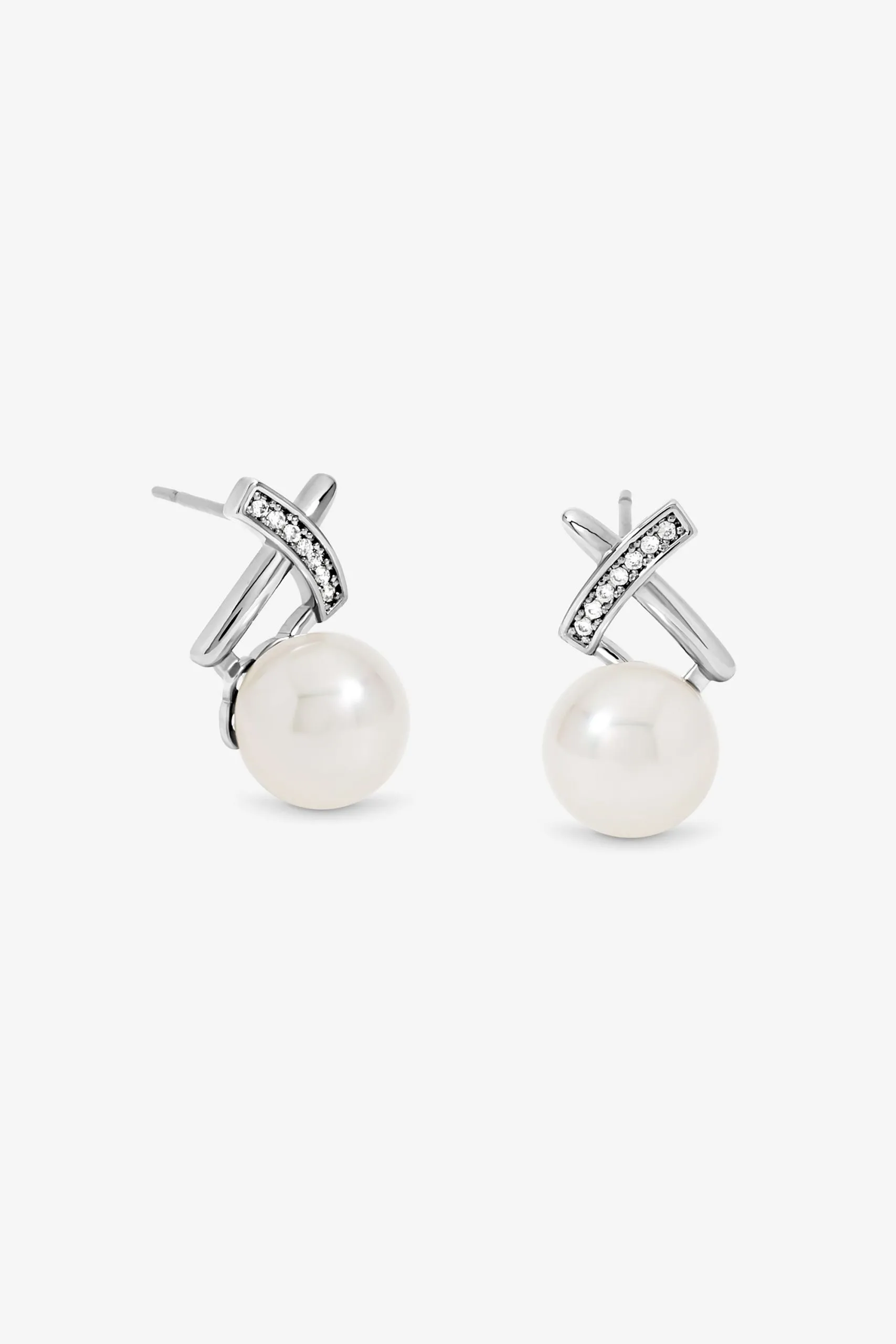 Rhodium Plated Pave and Pearl Kiss Stud Earrings