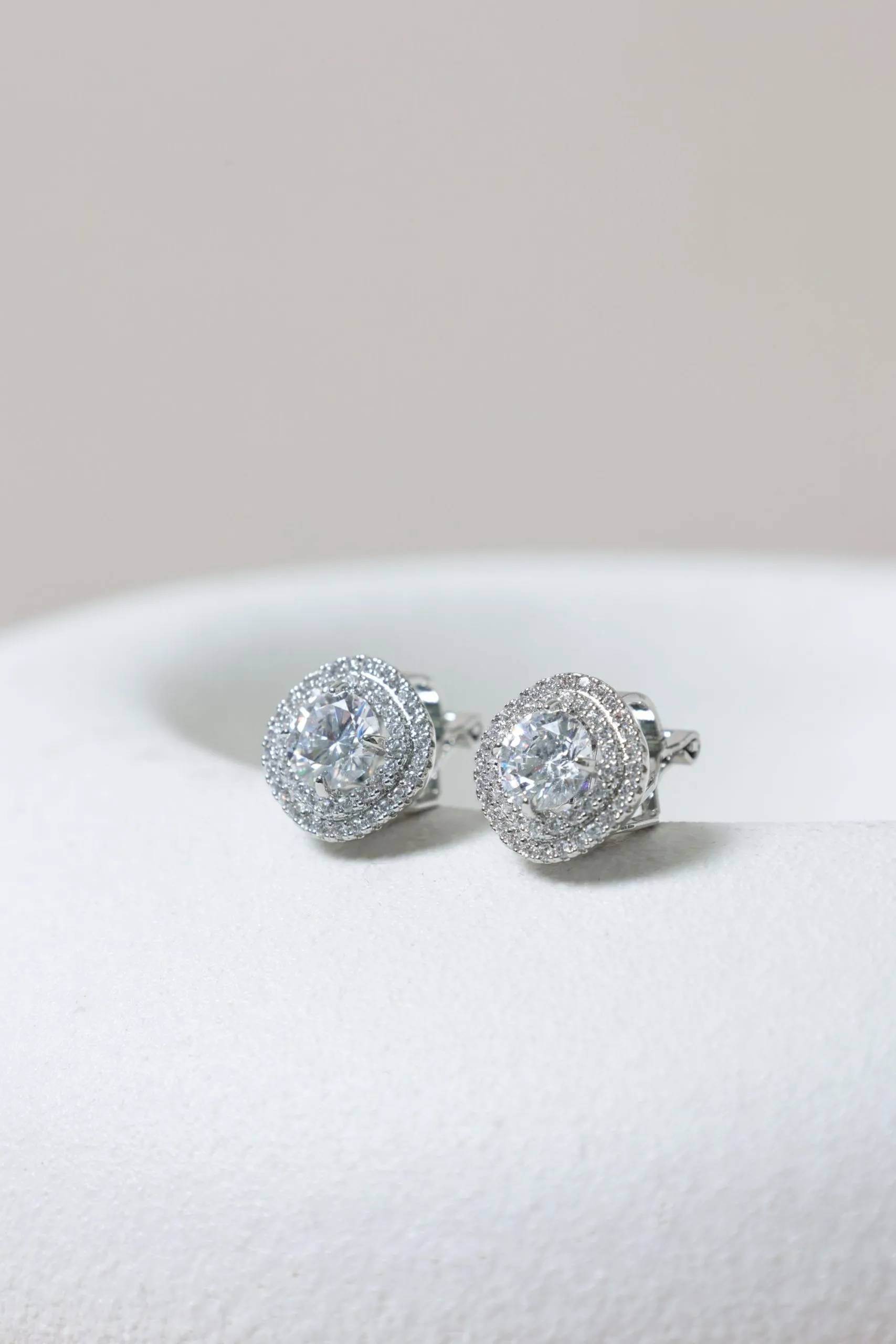 Rhodium Plated Double Halo Crystal Clip Earrings