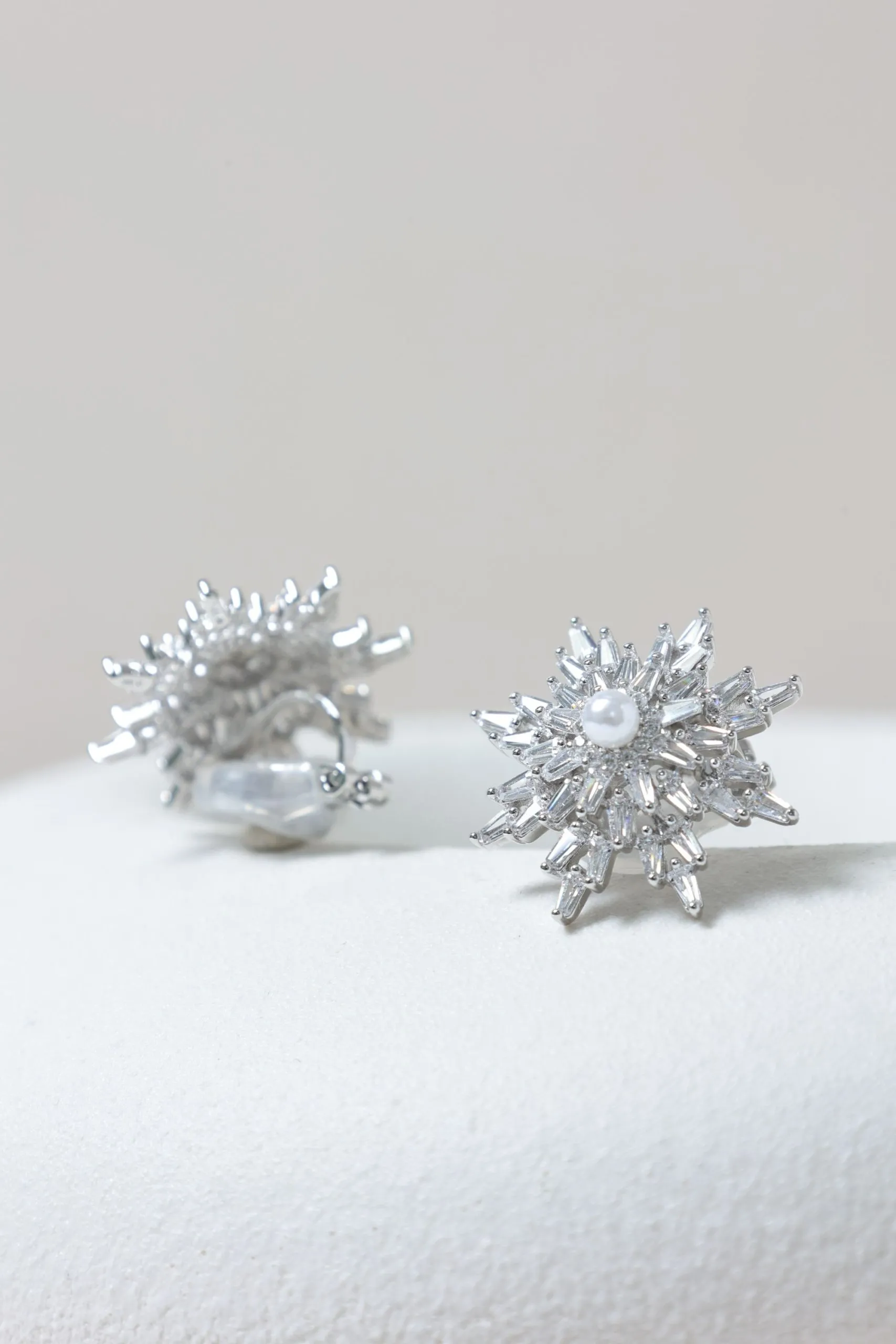 Rhodium Plated Crystal and Pearl Star Clip Earrings
