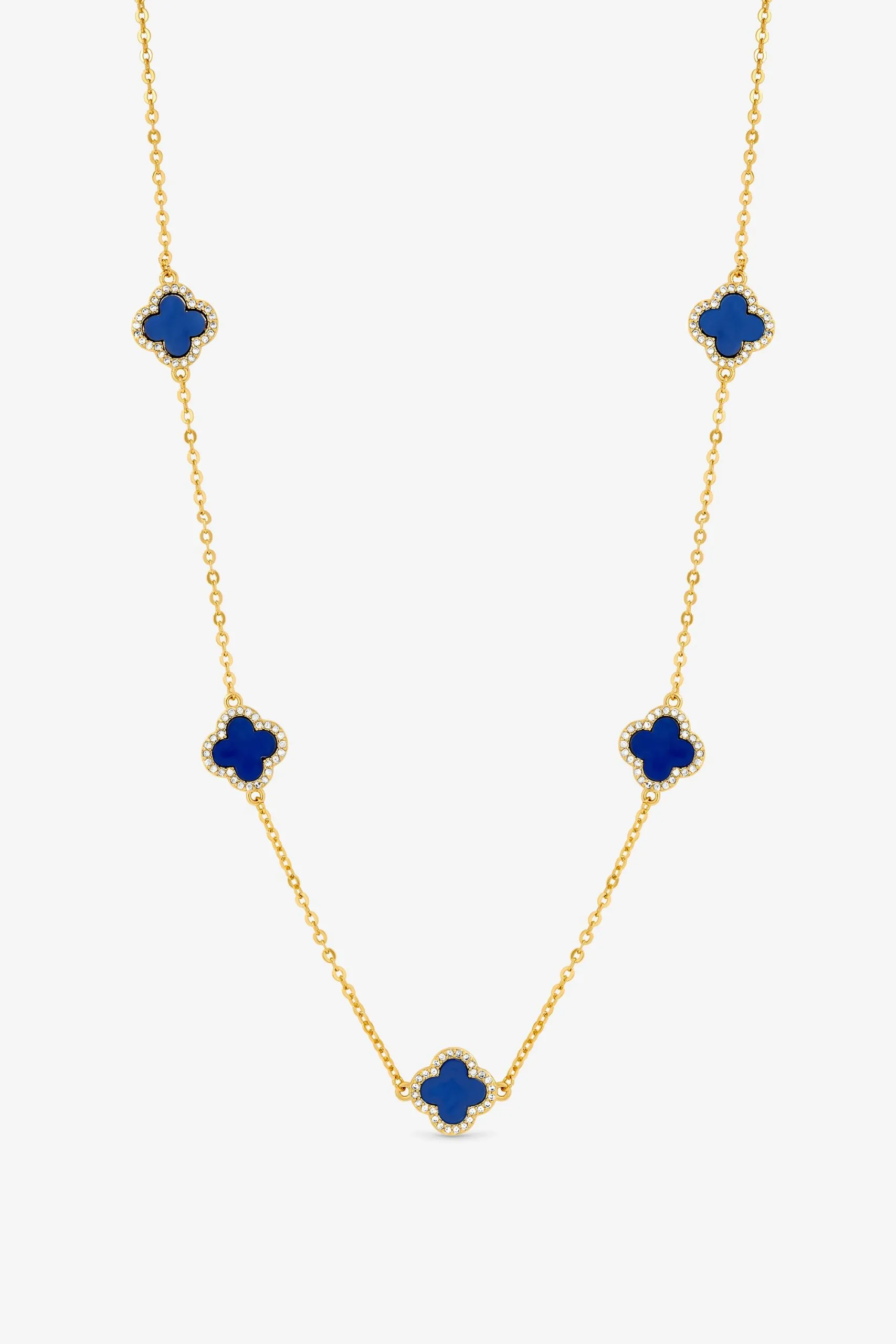 Gold Plated Lapis Station Clover Necklace
