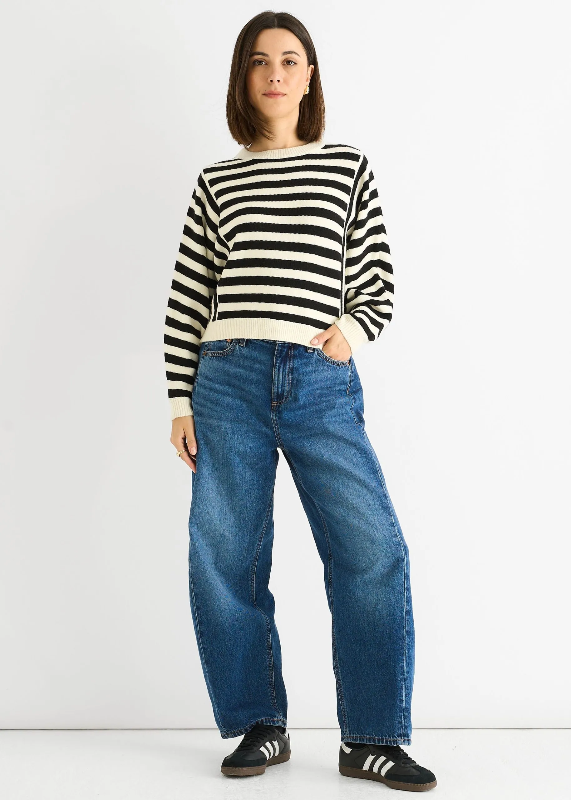 White Recycle Contrast Stripe Loose Fit Knit Jumper
