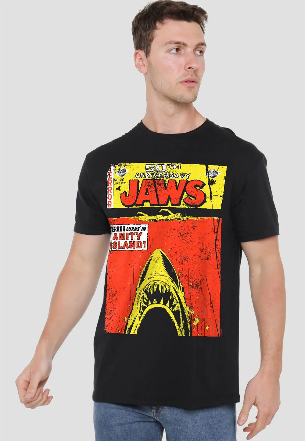 Jaws Retro Comic Poster T Shirt, Black