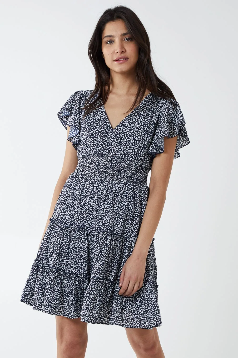 Shirring Waist Tiered Mini Dress