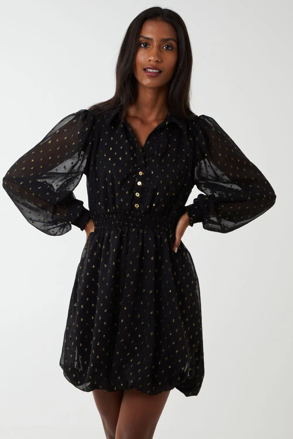 Shirred Waist & Puff Hem Shirt Dress