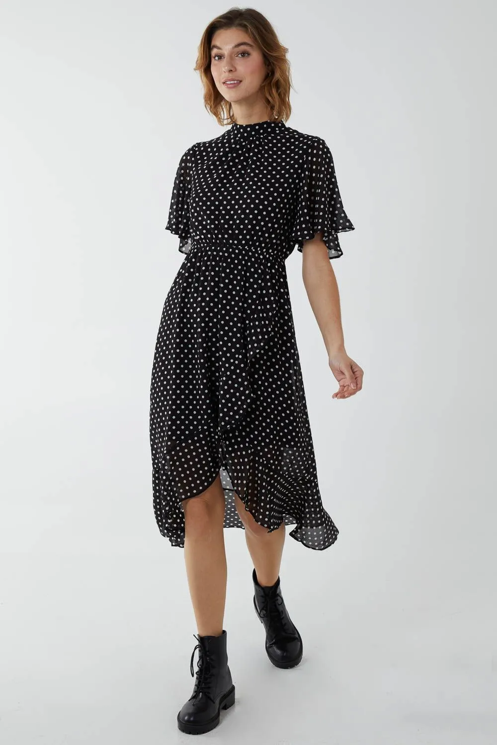 Blouson Wrap Skirt Ruffle Midi Dress