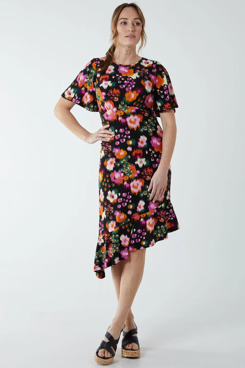 Angel Sleeve Asymmetric Midi Dress