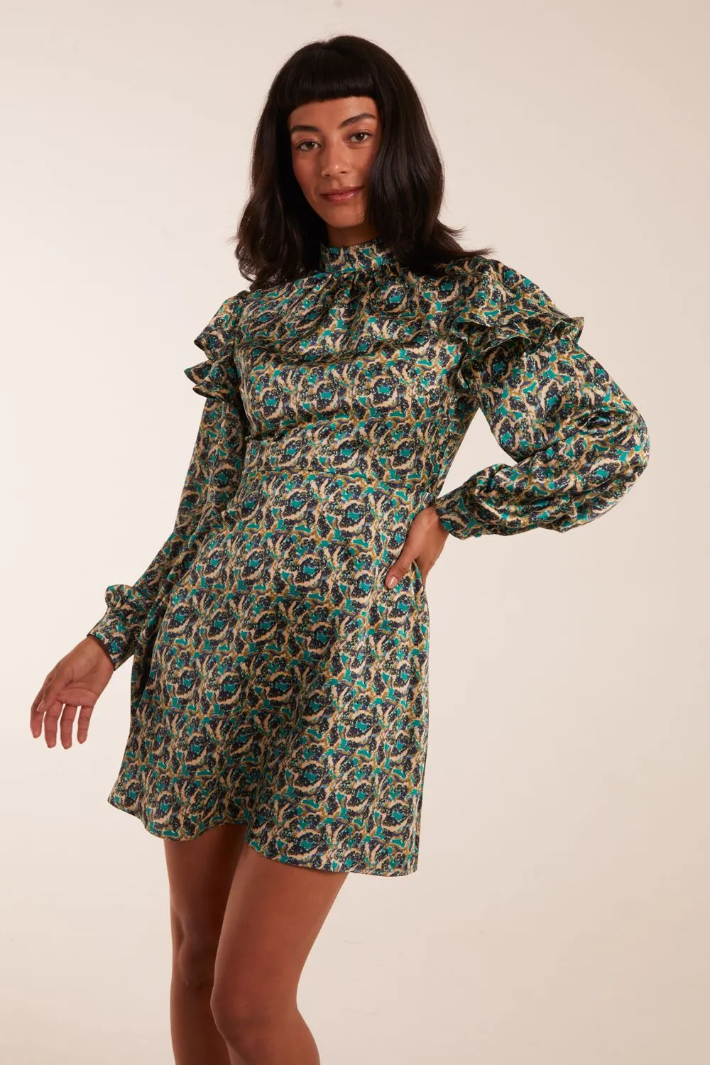 Ruffle Sleeve High Neck Swing Dress