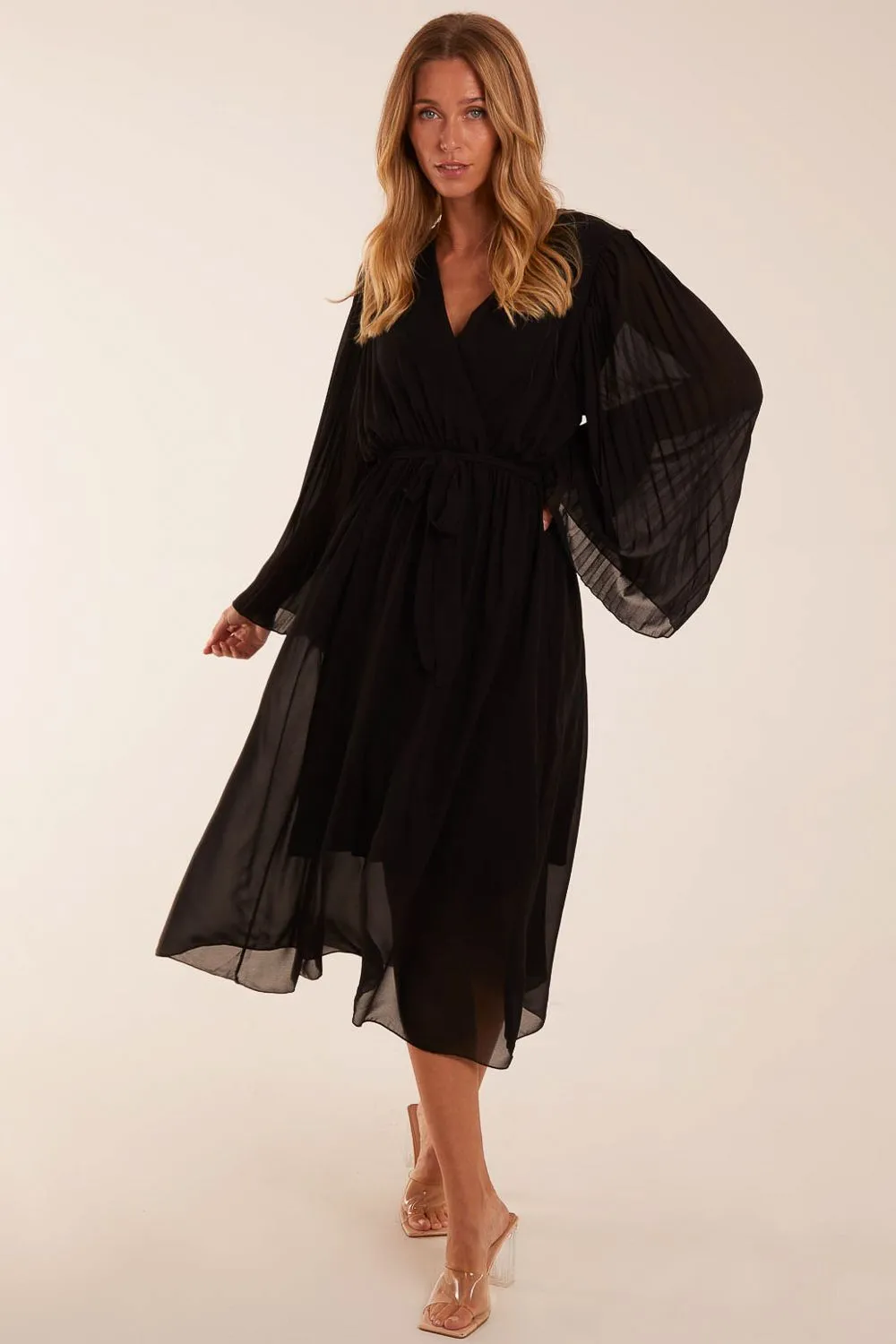 Wrap Front Pleated Sleeve Midi Dress