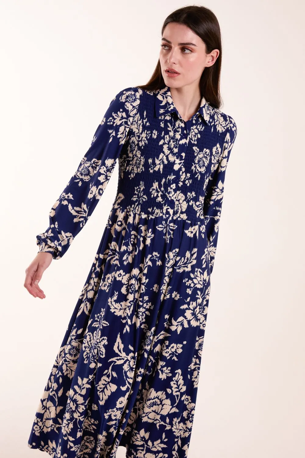 Shirred Bust Long Sleeve Midi Dress