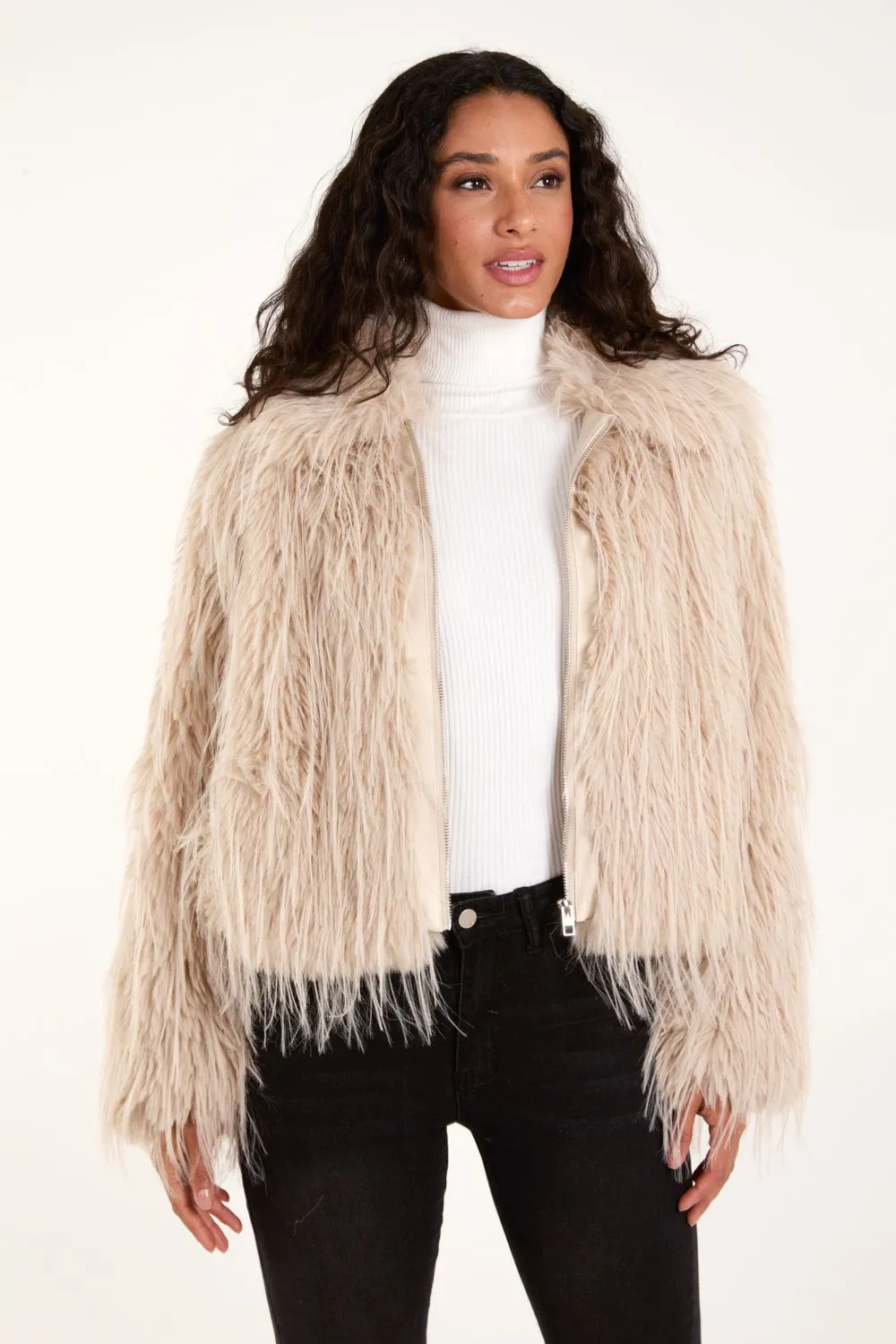 Textured Faux Fur Collar Coat