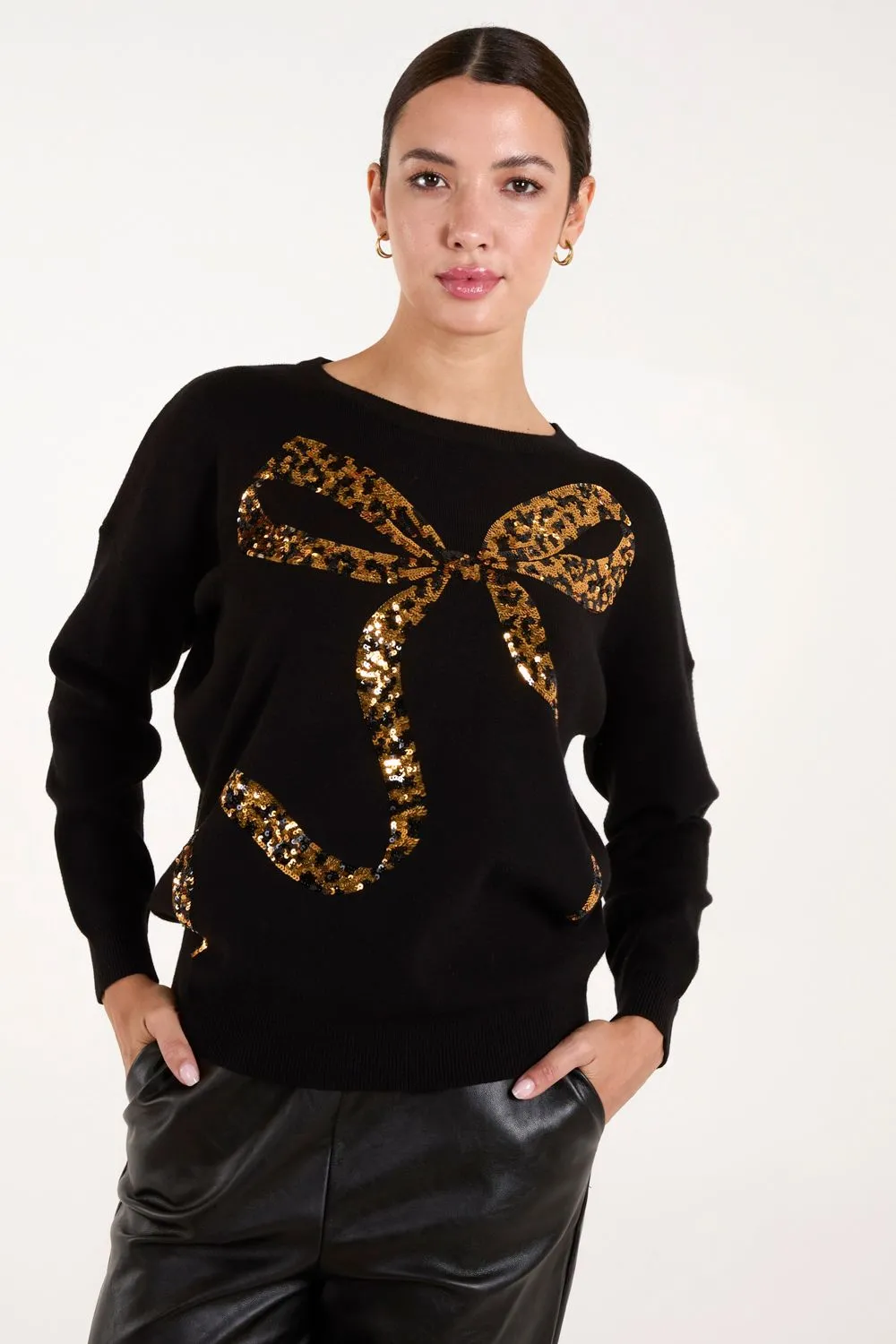 Christmas Leopard Bow Sequin Jumper