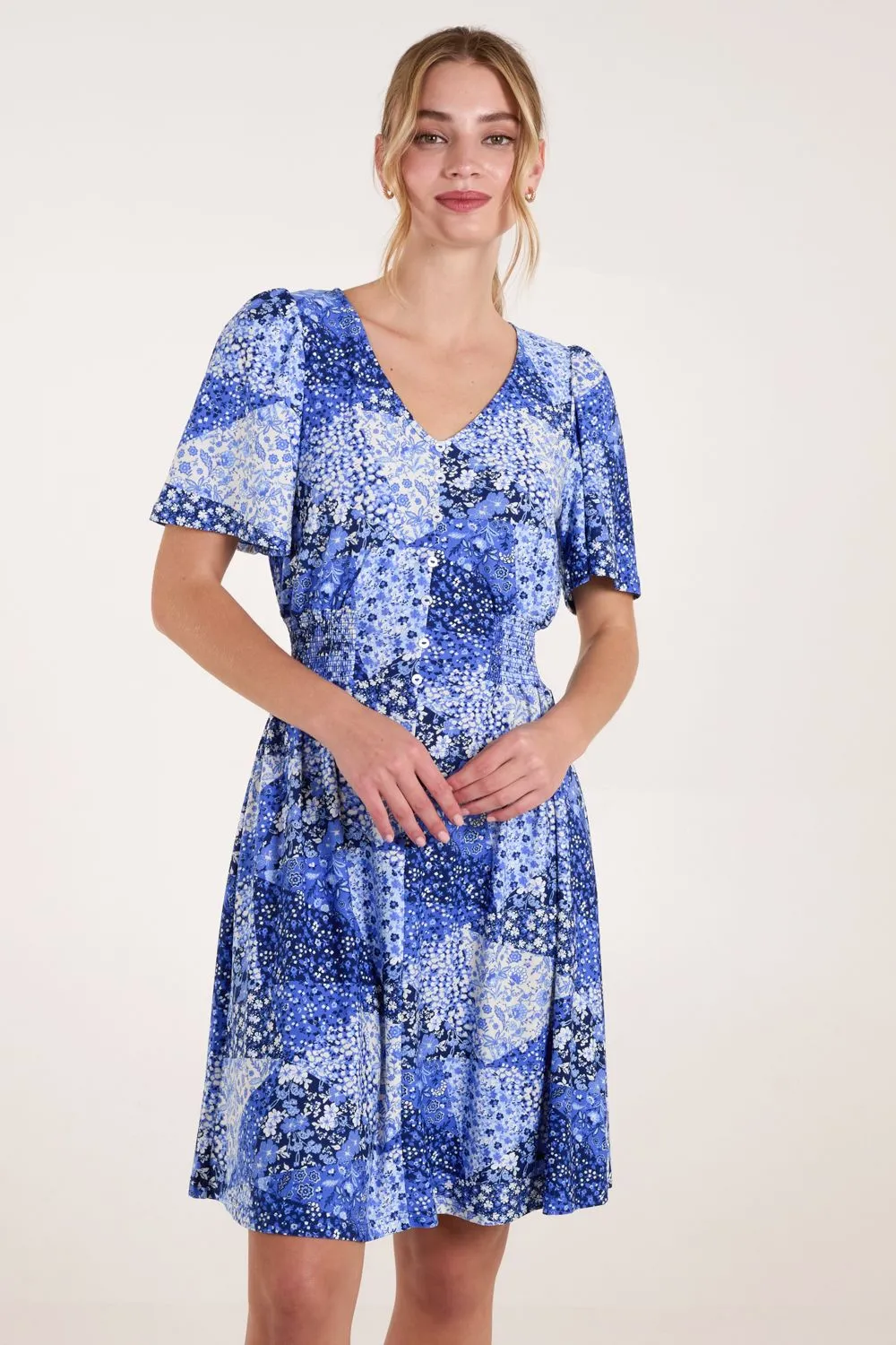 Shirred Waist Button Mini Dress