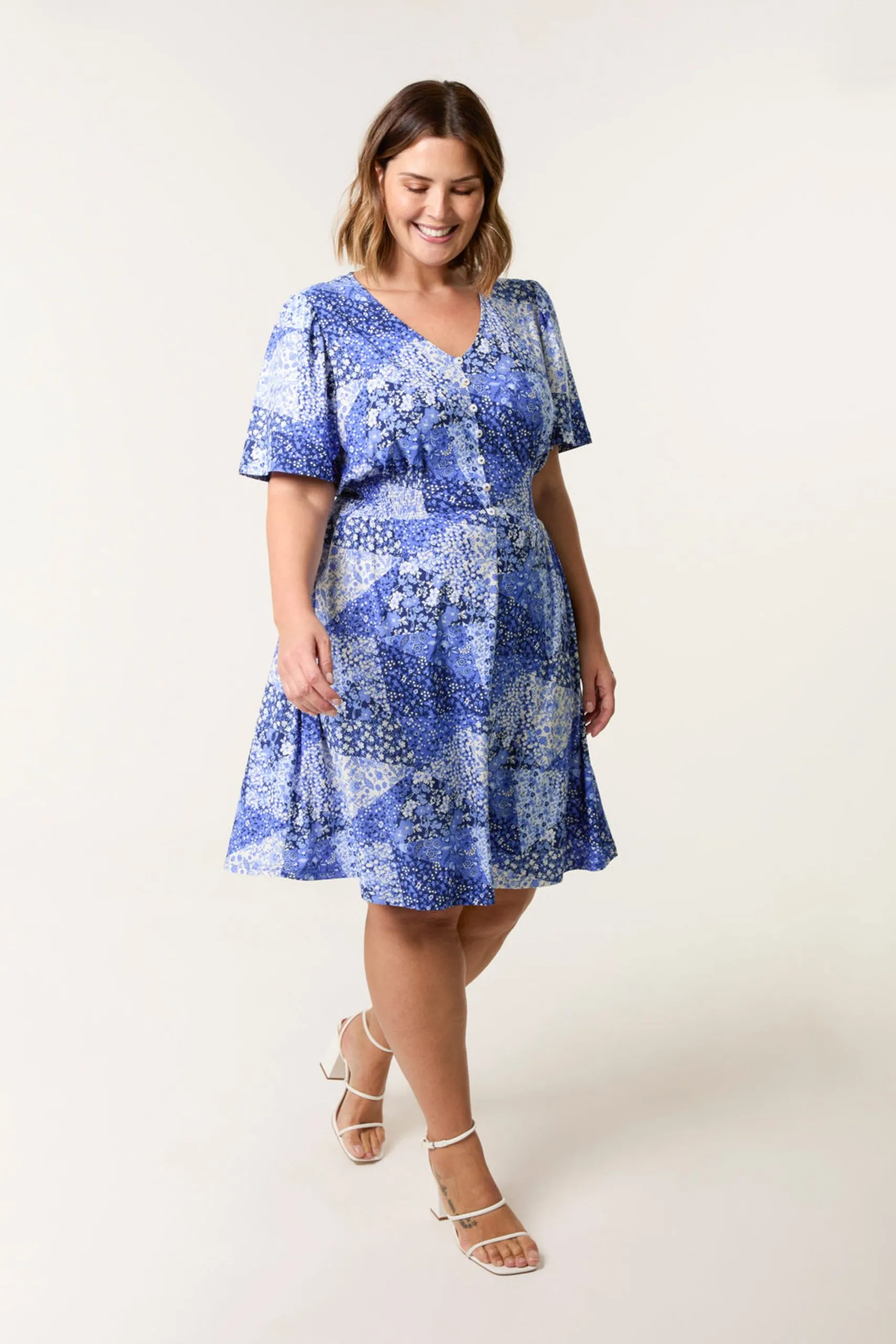 Blue Curve Shirred Waist Button Mini Dress