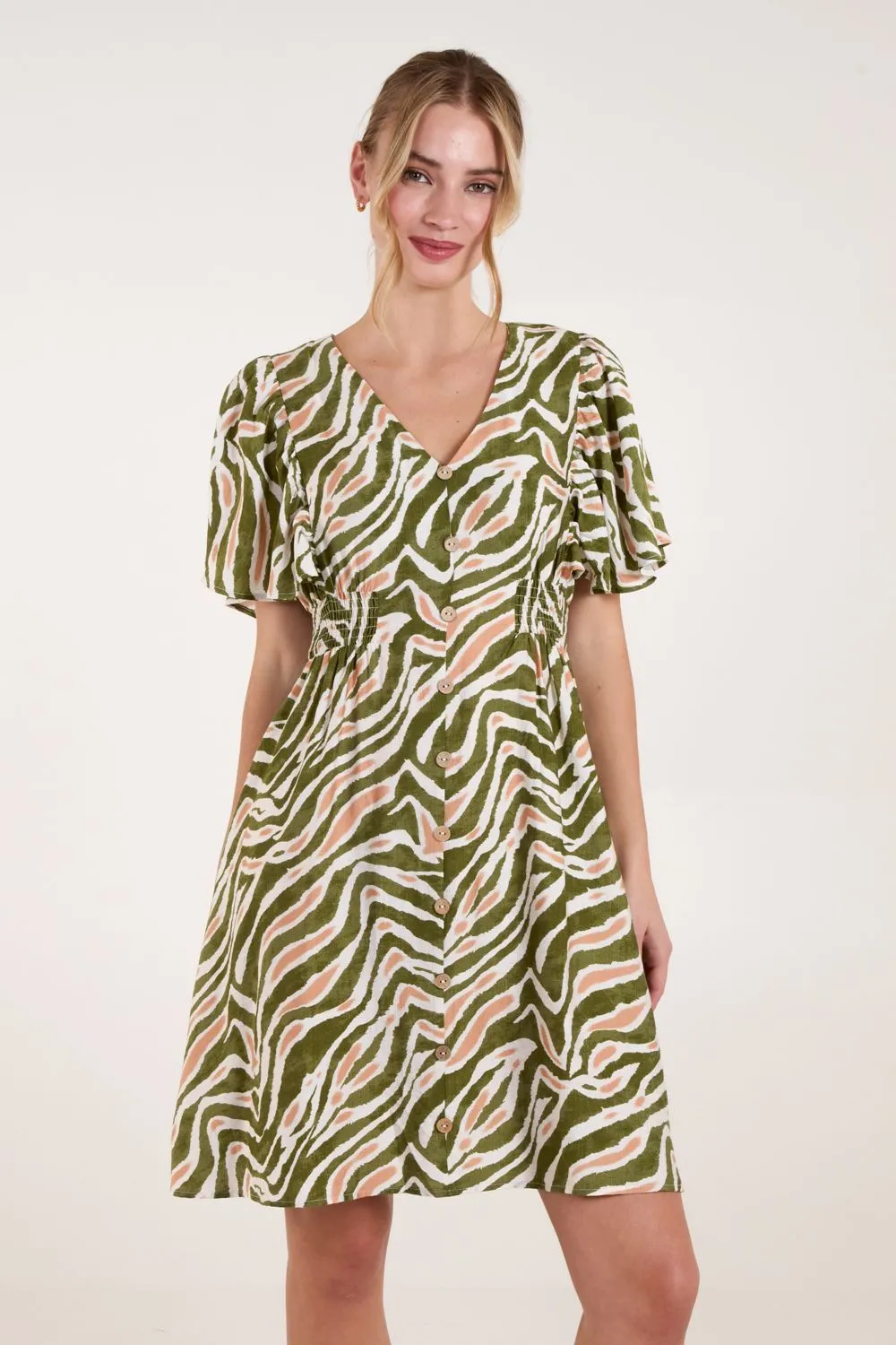 Coconut Button Shirred Waist Dress