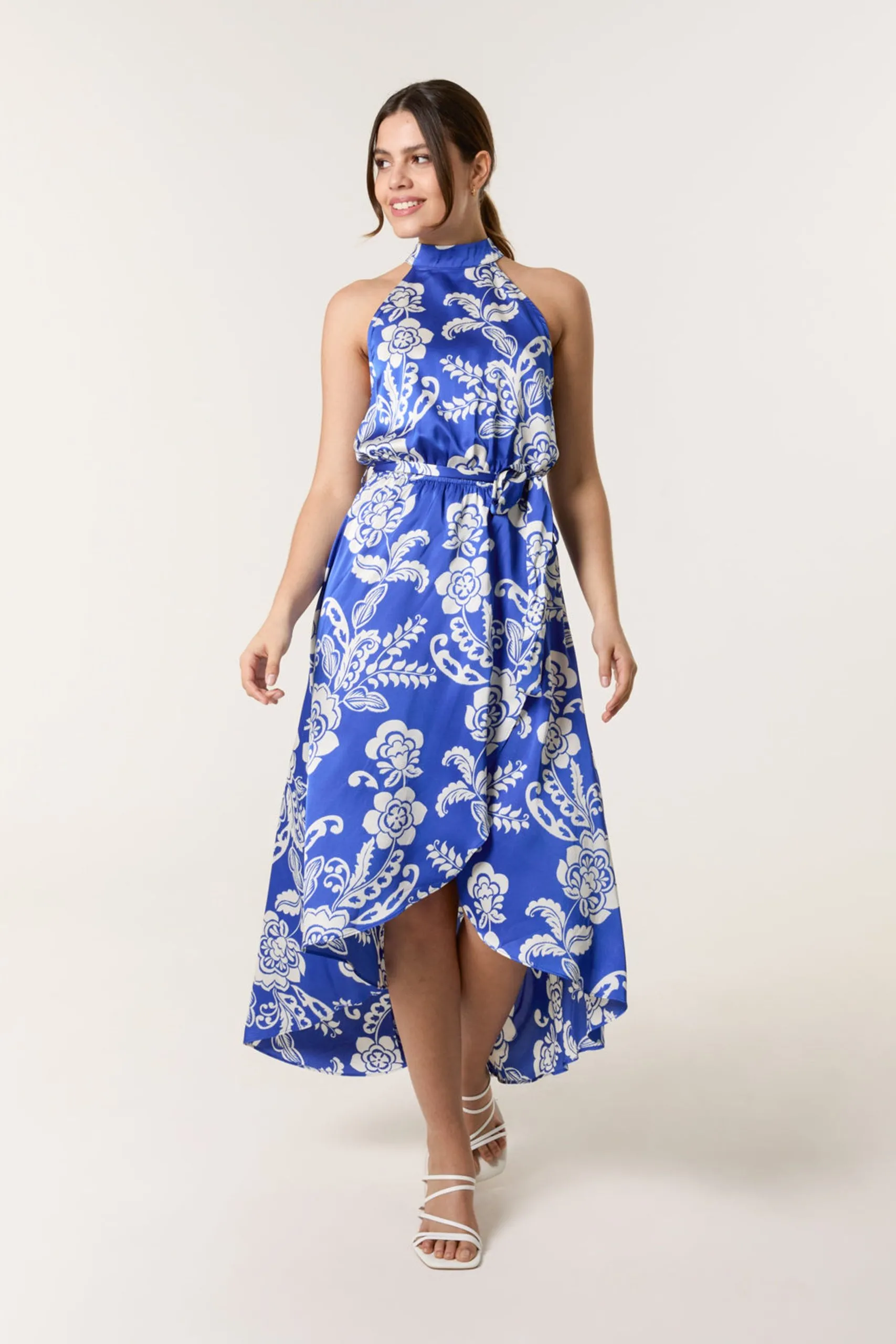 Bright Blue Halter Neck Frill Hem Dress