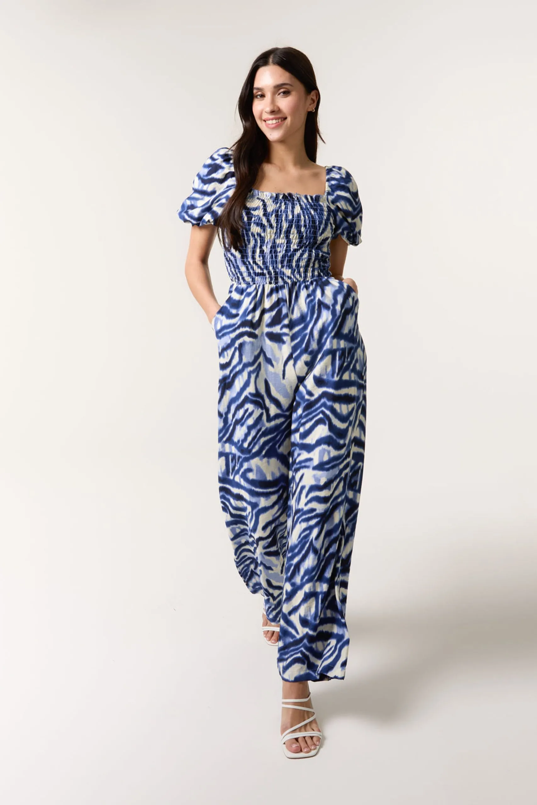Blue Printed Puff Sleeve Jumpsuit
